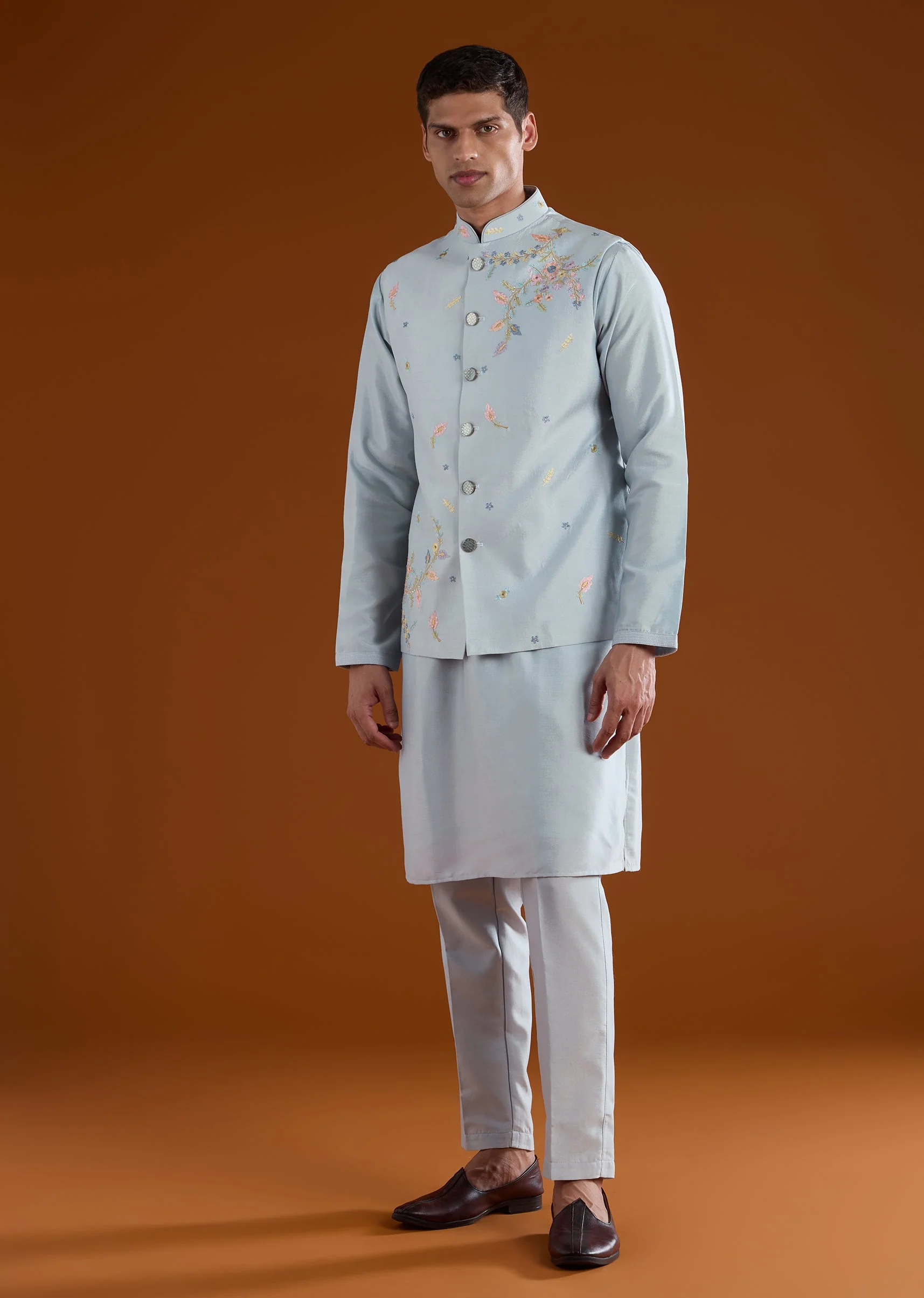 Blue Embroidered Silk Kurta Jacket Set - Image 3