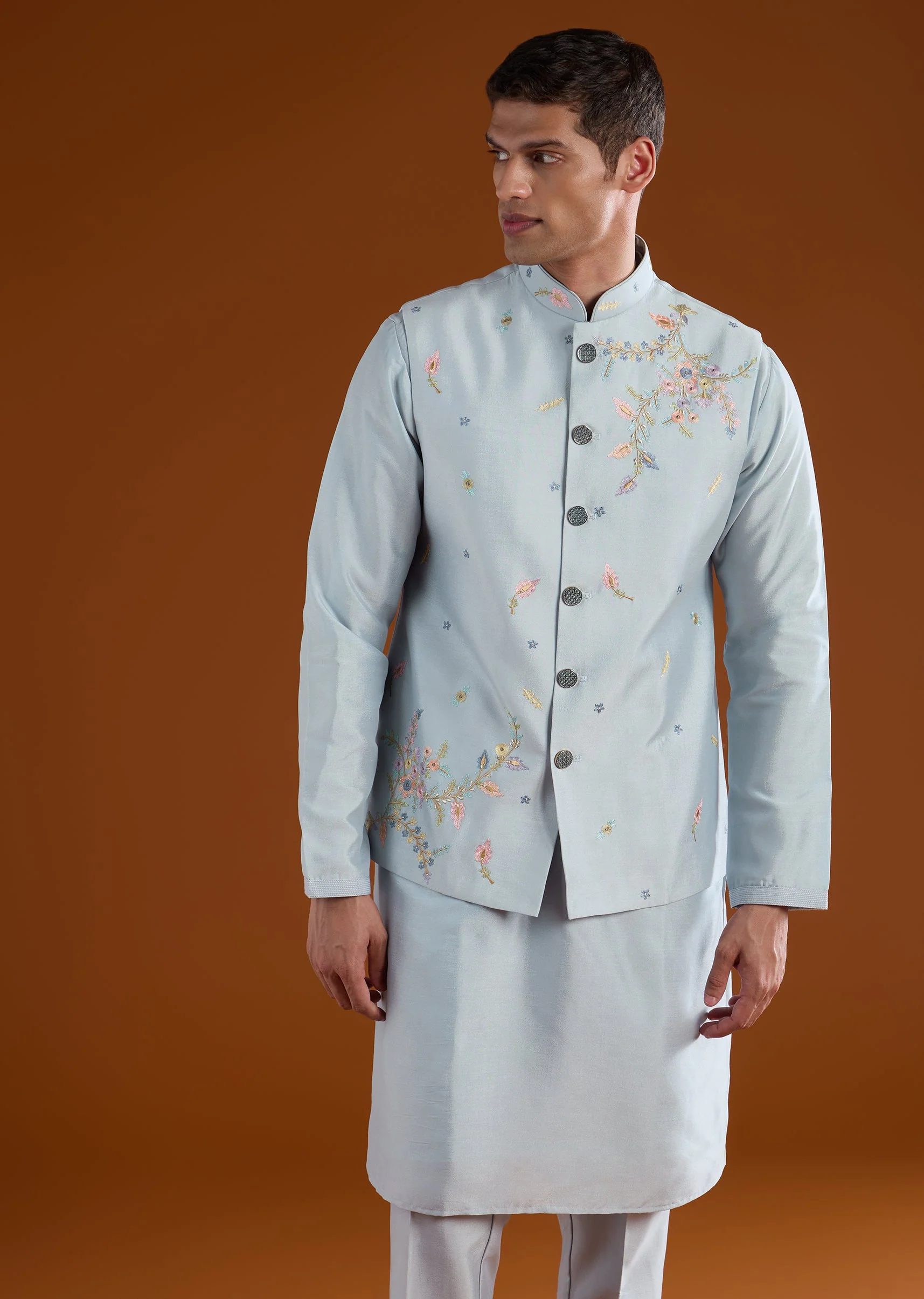 Blue Embroidered Silk Kurta Jacket Set - Image 4