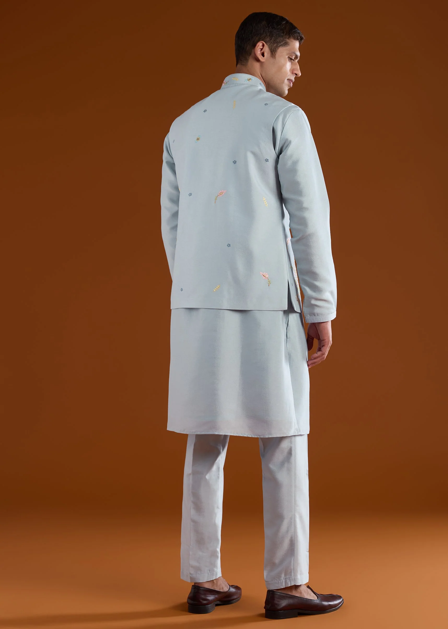 Blue Embroidered Silk Kurta Jacket Set - Image 5