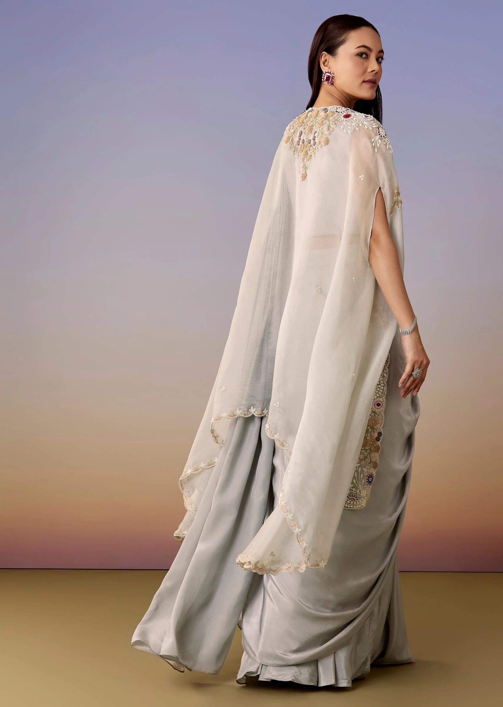 Blue Festive Duo – Cape Pre Draped Saree Set For Her And Silk Kurta Jacket Set For Him - Image 6