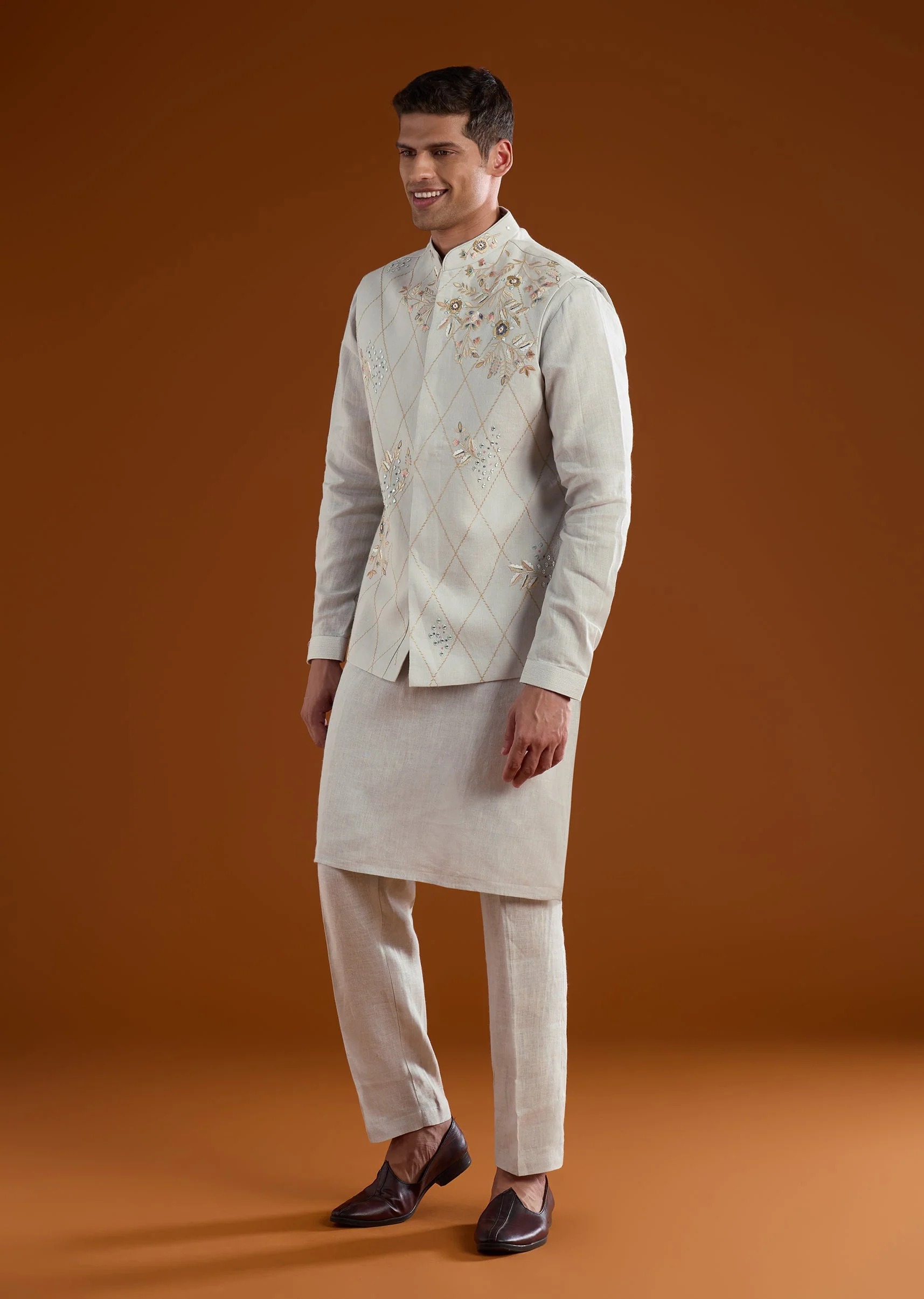 Blue Festive Duo – Cape Pre Draped Saree Set For Her And Silk Kurta Jacket Set For Him - Image 8