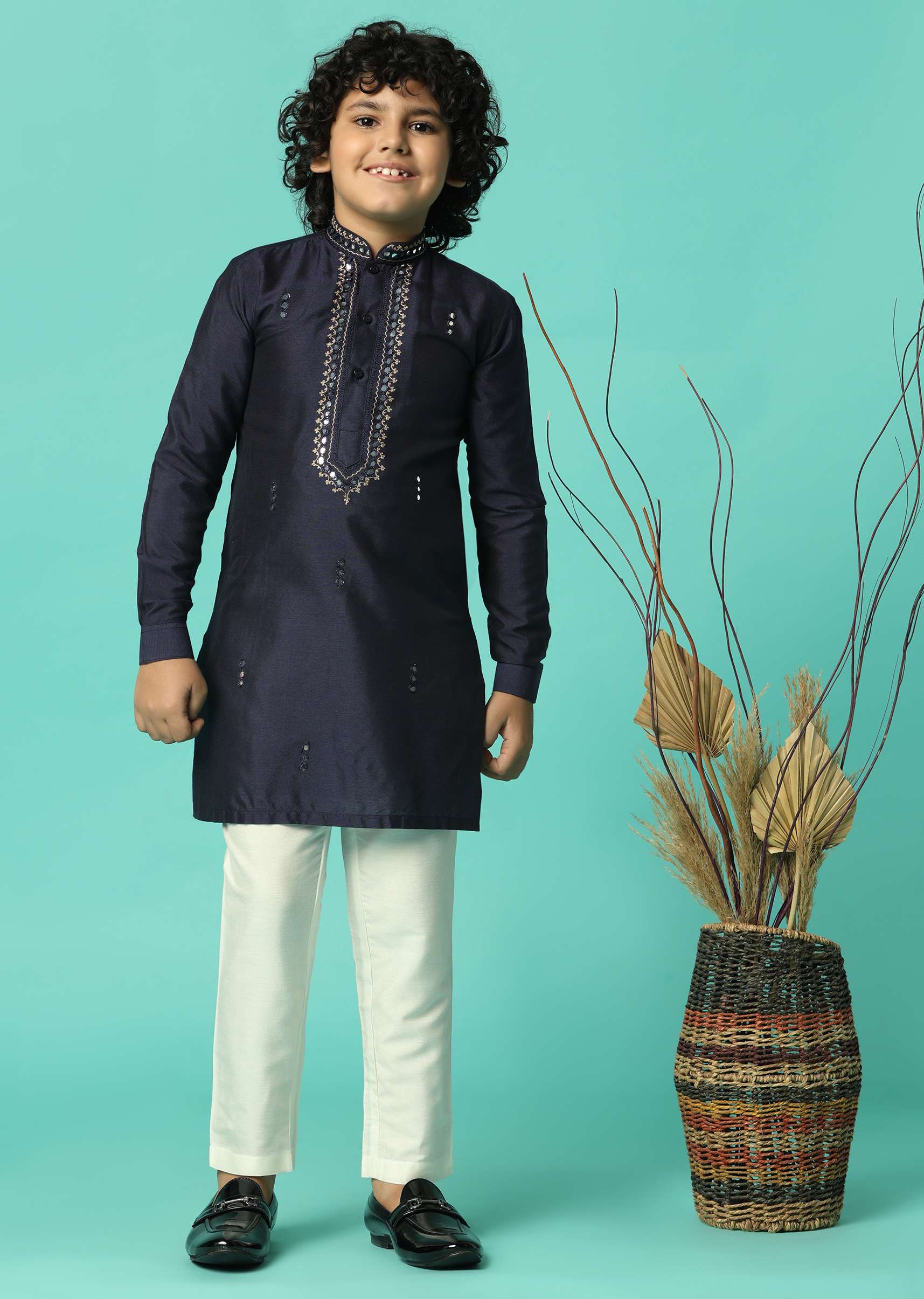 Blue Festive Embroidered Kurta Set For Boys - Image 3
