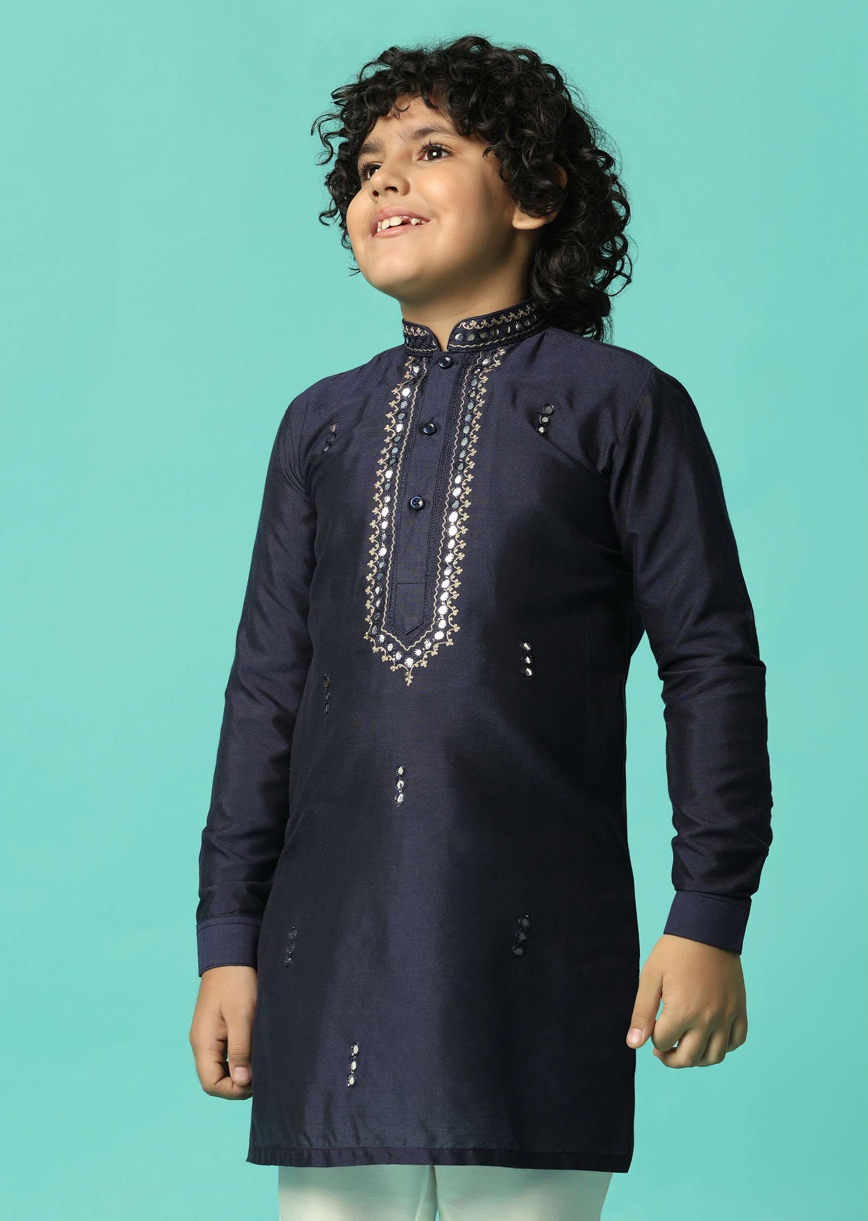 Blue Festive Embroidered Kurta Set For Boys - Image 4