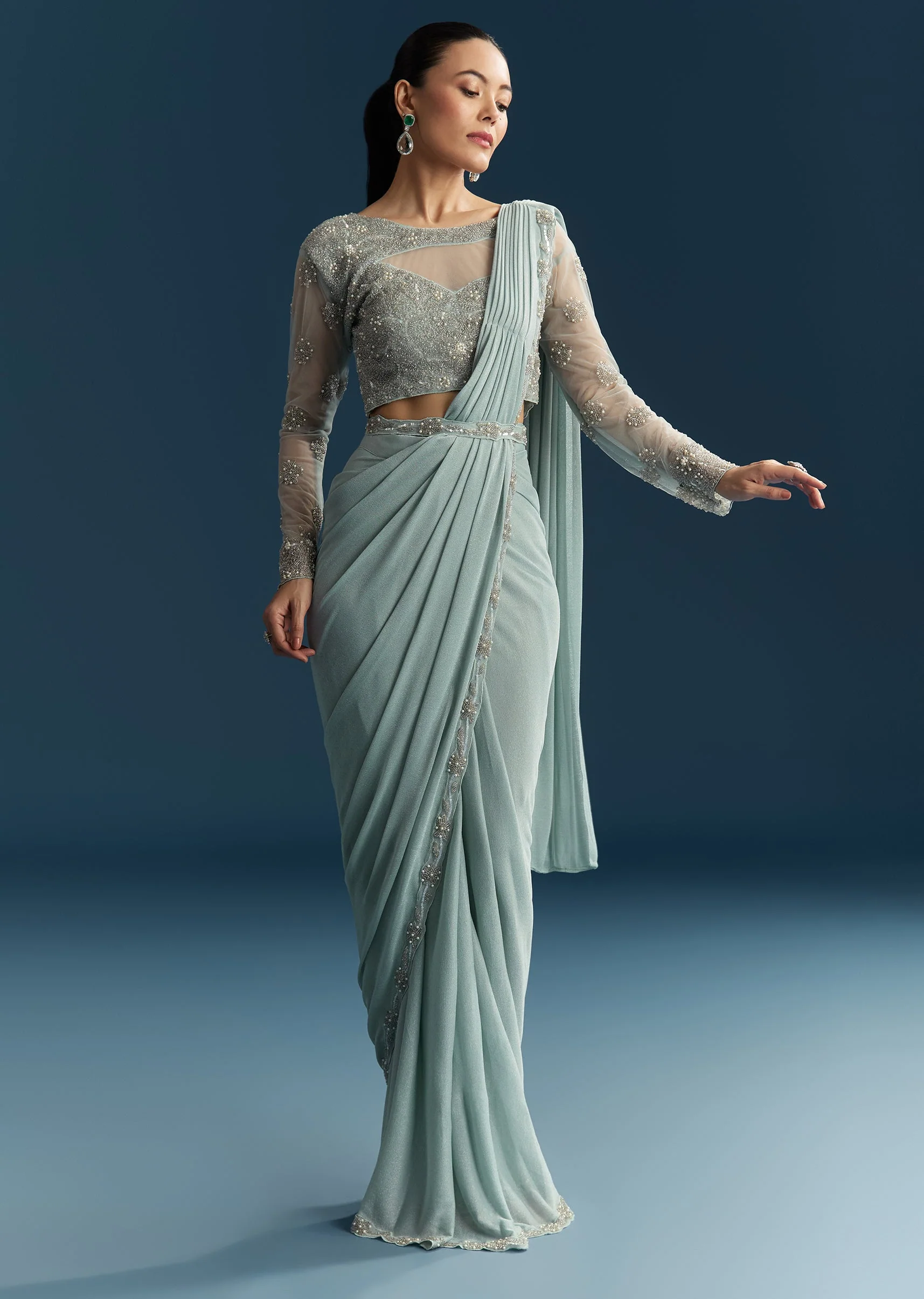 Blue Festive Pair – Ready Pleated Saree For Her And Kurta Set For Him - Image 3