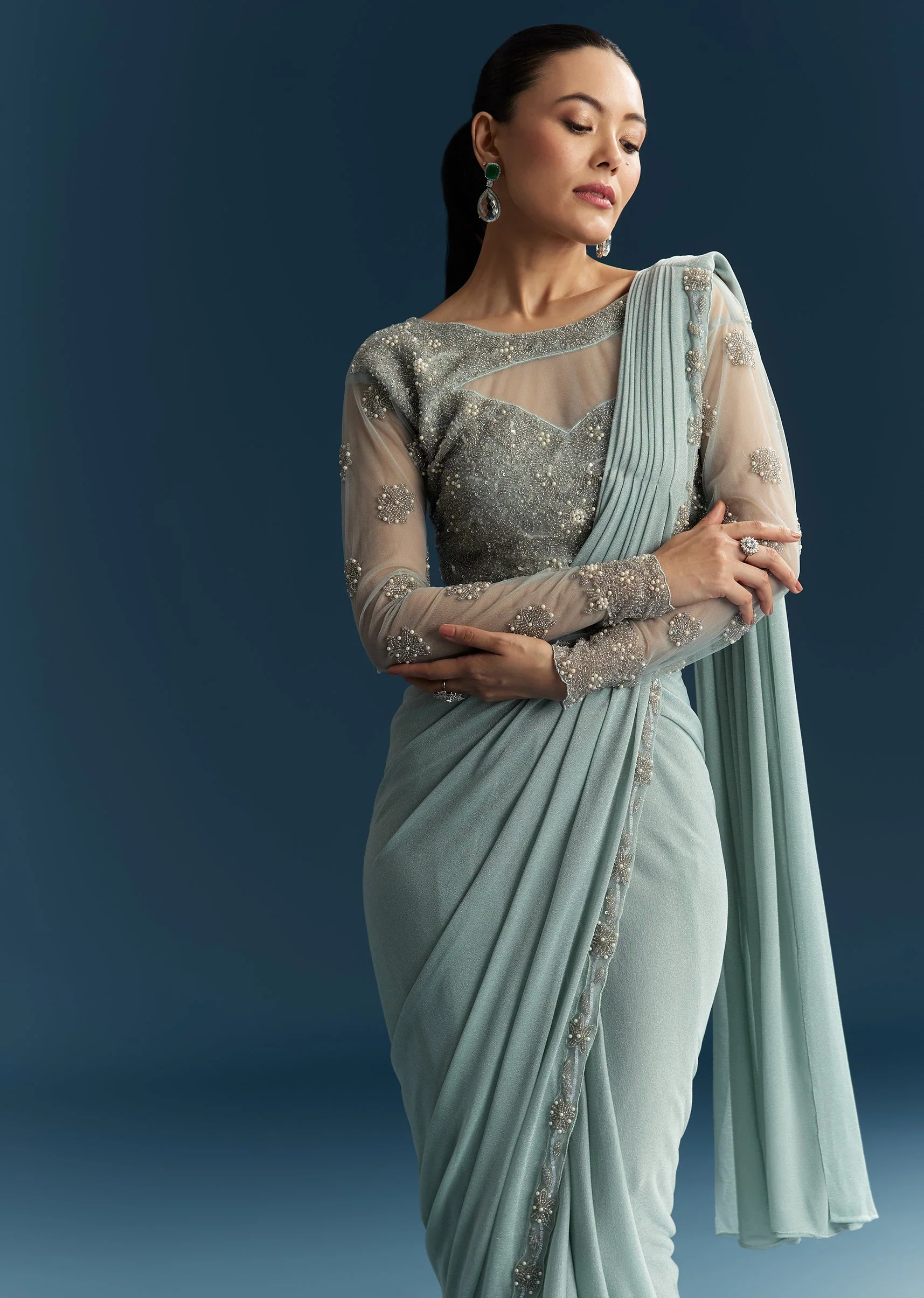 Blue Festive Pair – Ready Pleated Saree For Her And Kurta Set For Him - Image 4
