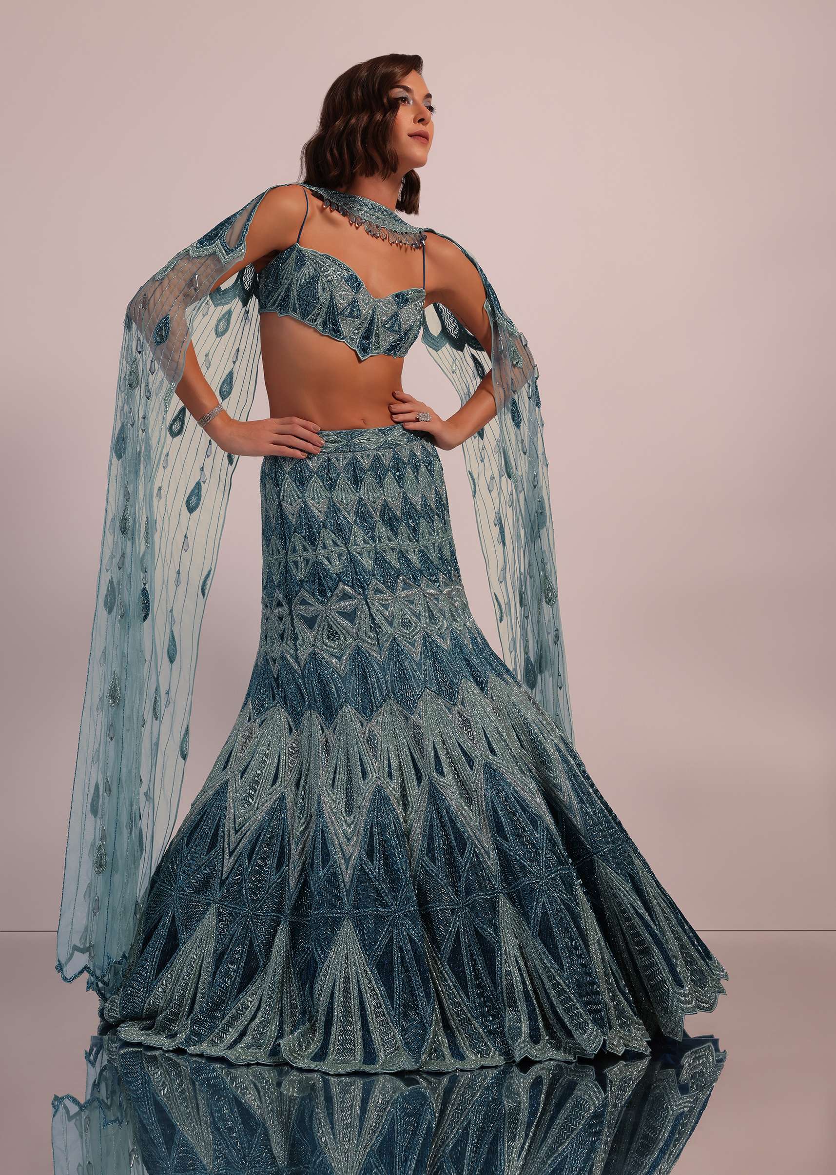 Blue Fish Cut Bridal Lehenga Set In Net With Hand Embroidery - Image 5