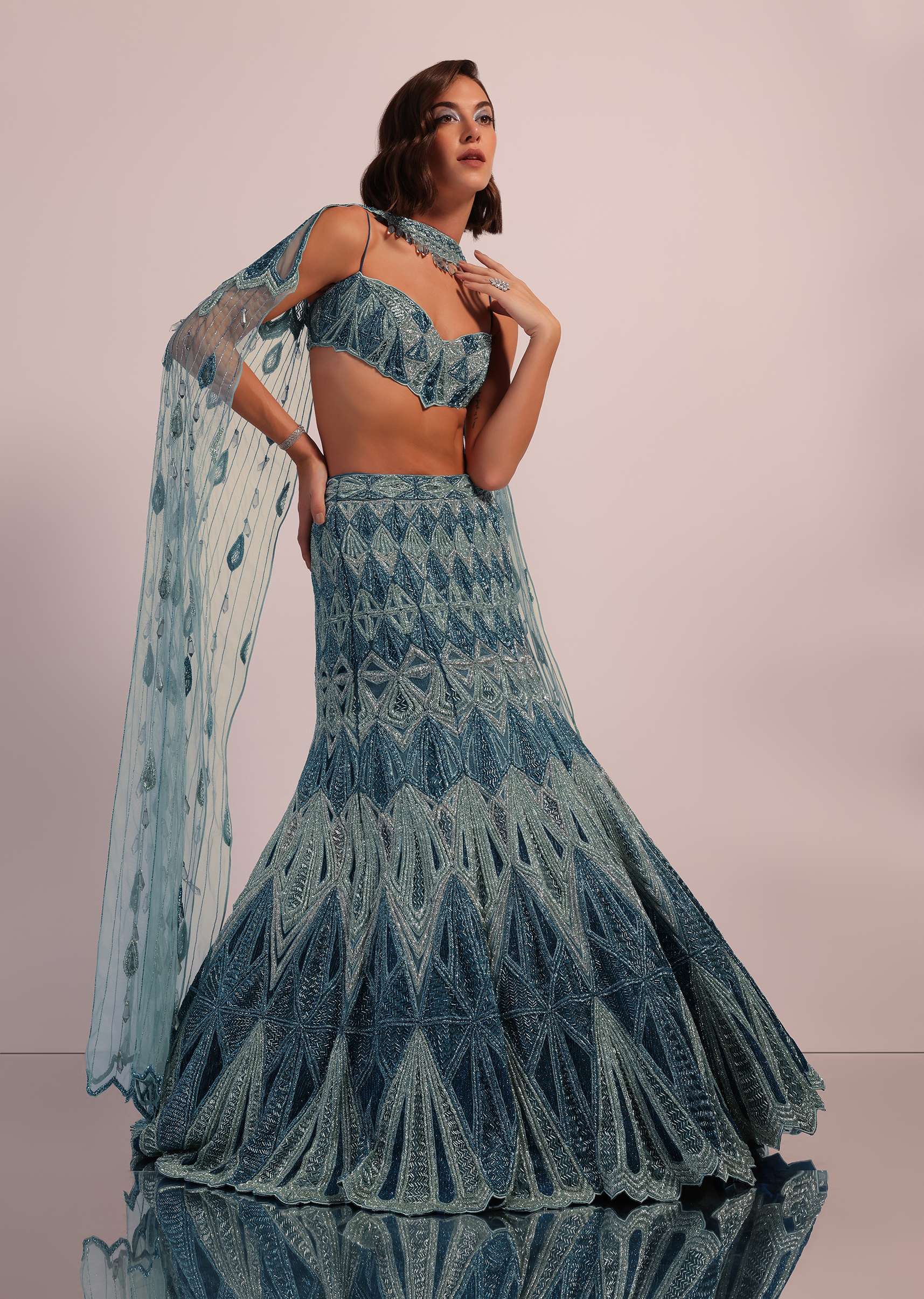 Blue Fish Cut Bridal Lehenga Set In Net With Hand Embroidery - Image 7