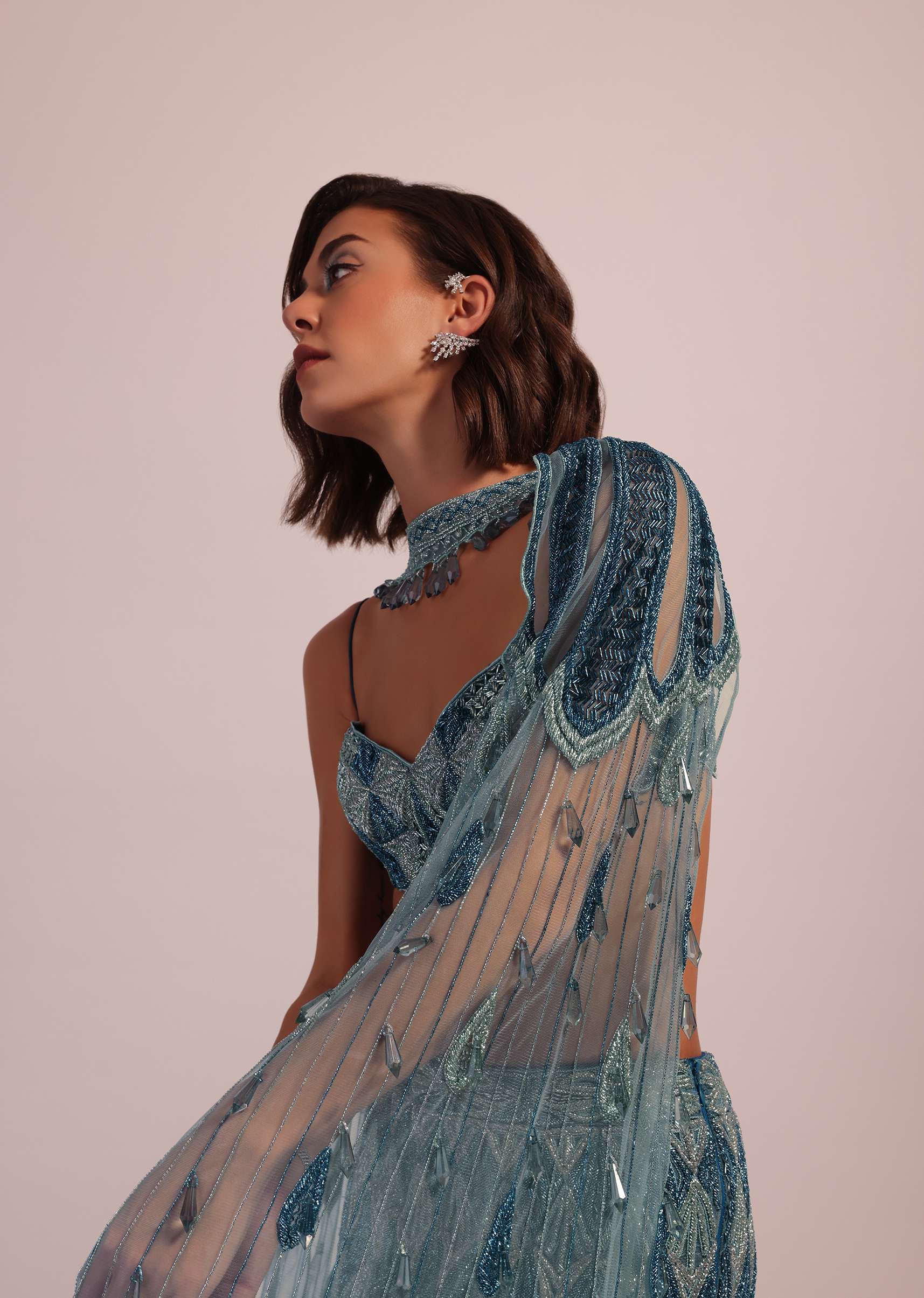 Blue Fish Cut Bridal Lehenga Set In Net With Hand Embroidery - Image 9