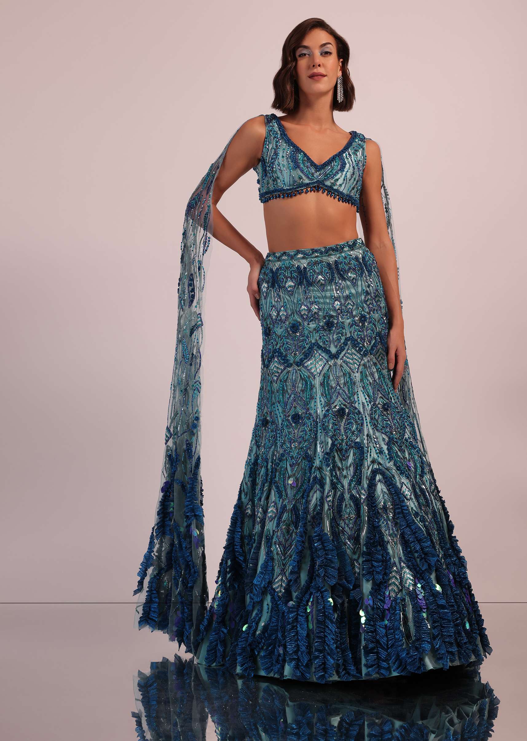 Blue Fish Cut Bridal Lehenga Set With Long Trail Sleeves And Heavy Embroidery - Image 5