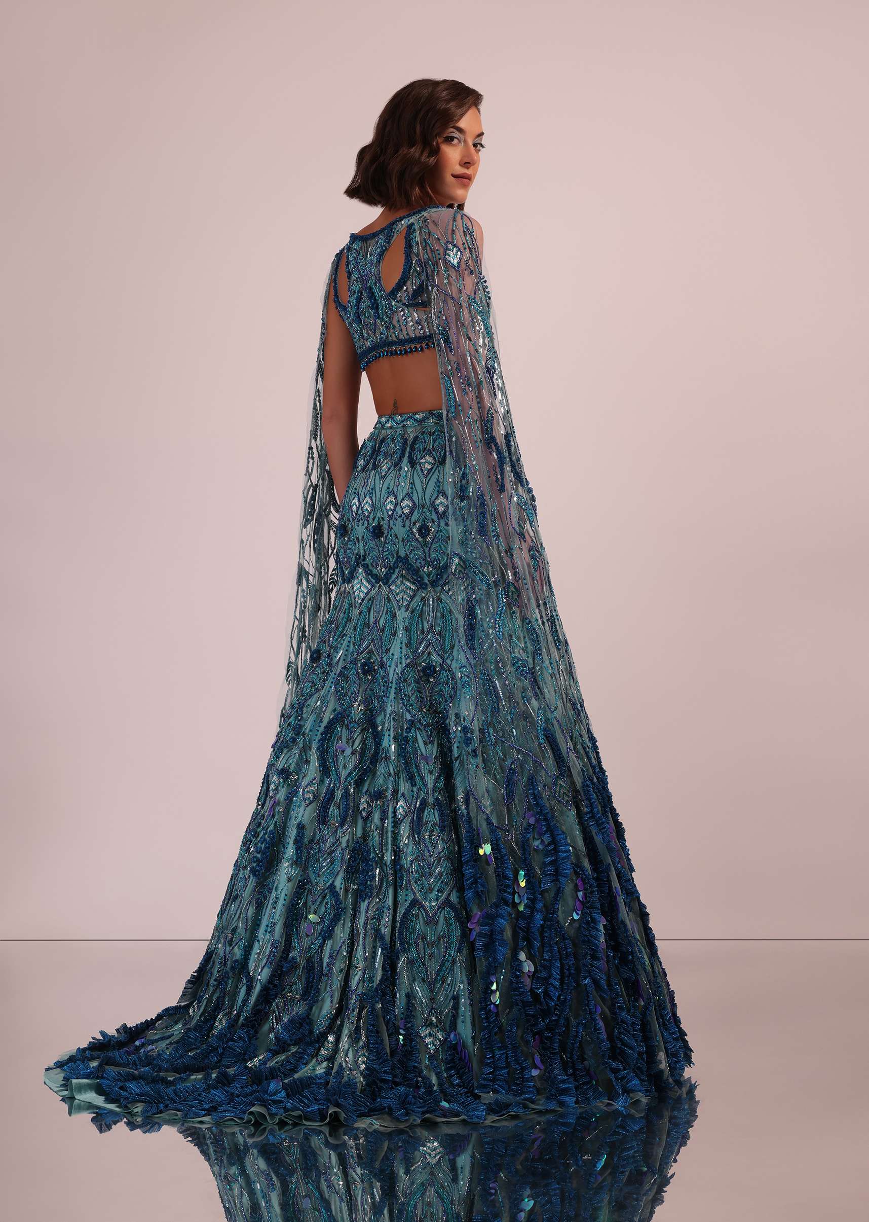 Blue Fish Cut Bridal Lehenga Set With Long Trail Sleeves And Heavy Embroidery - Image 8
