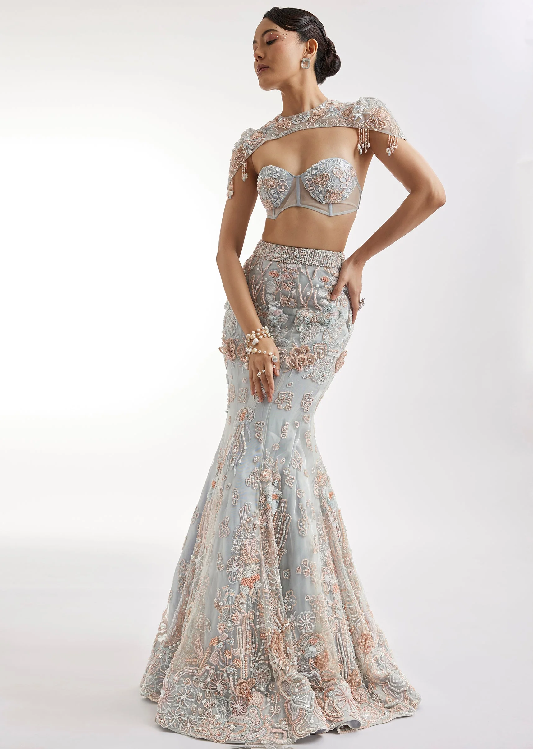 Blue Fish Cut Lehenga Set With Embellished Cape - Image 4