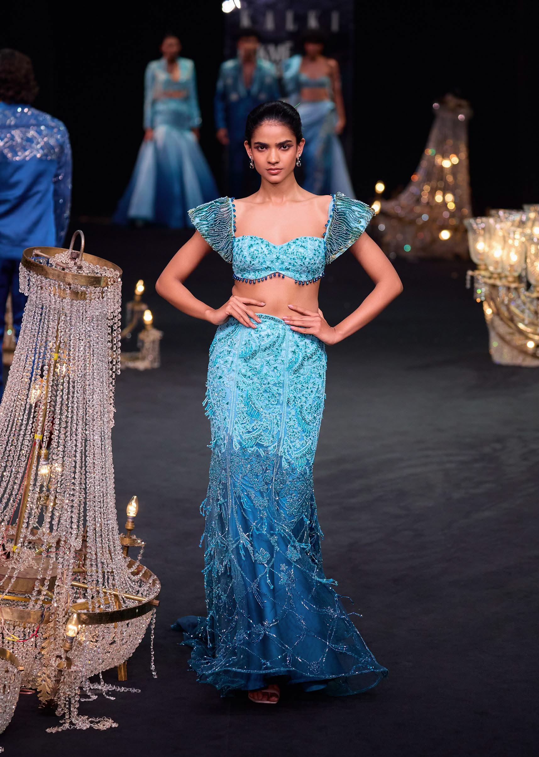 Blue Fish Cut Ombre Trail Skirt And Tassel Embellished Blouse