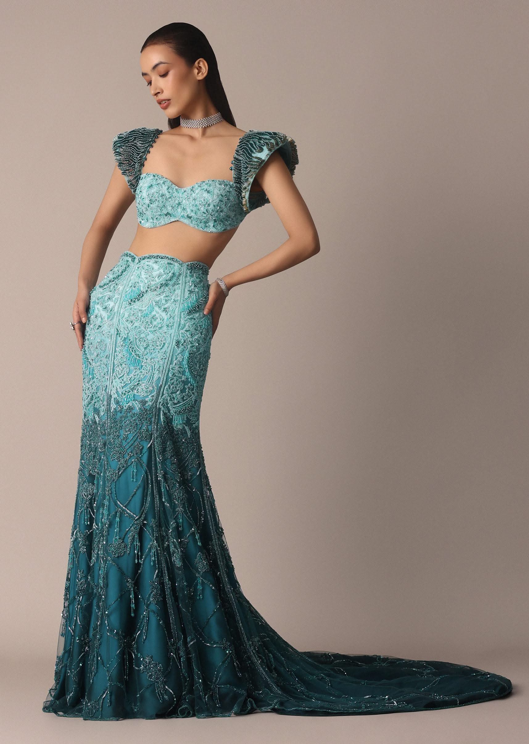 Blue Fish Cut Ombre Trail Skirt And Tassel Embellished Blouse - Image 2
