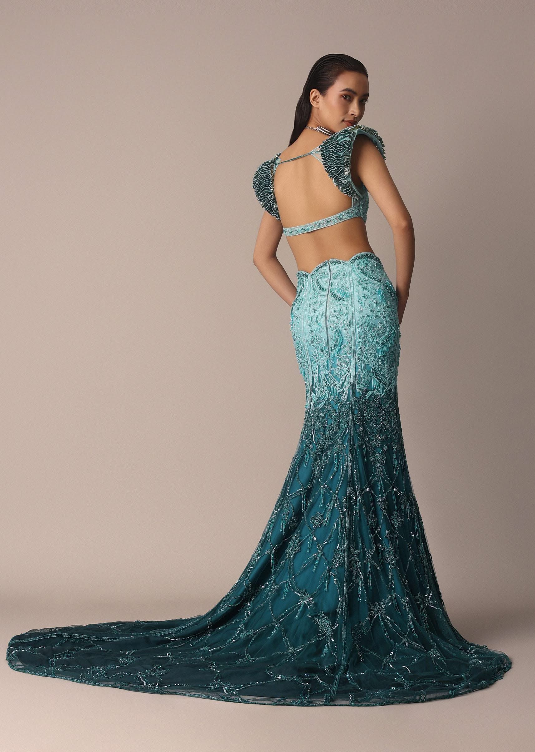 Blue Fish Cut Ombre Trail Skirt And Tassel Embellished Blouse - Image 3