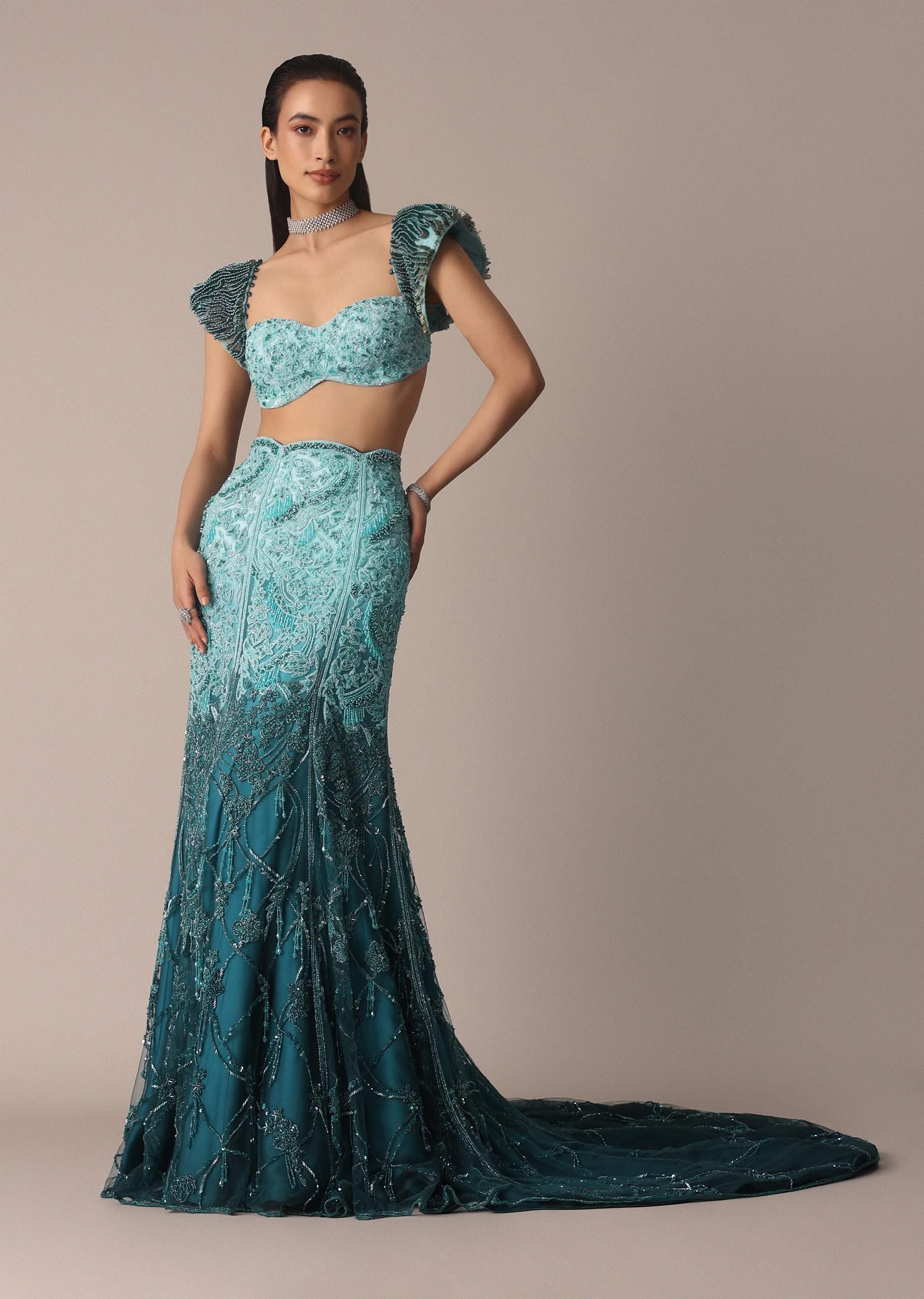 Blue Fish Cut Ombre Trail Skirt And Tassel Embellished Blouse - Image 4
