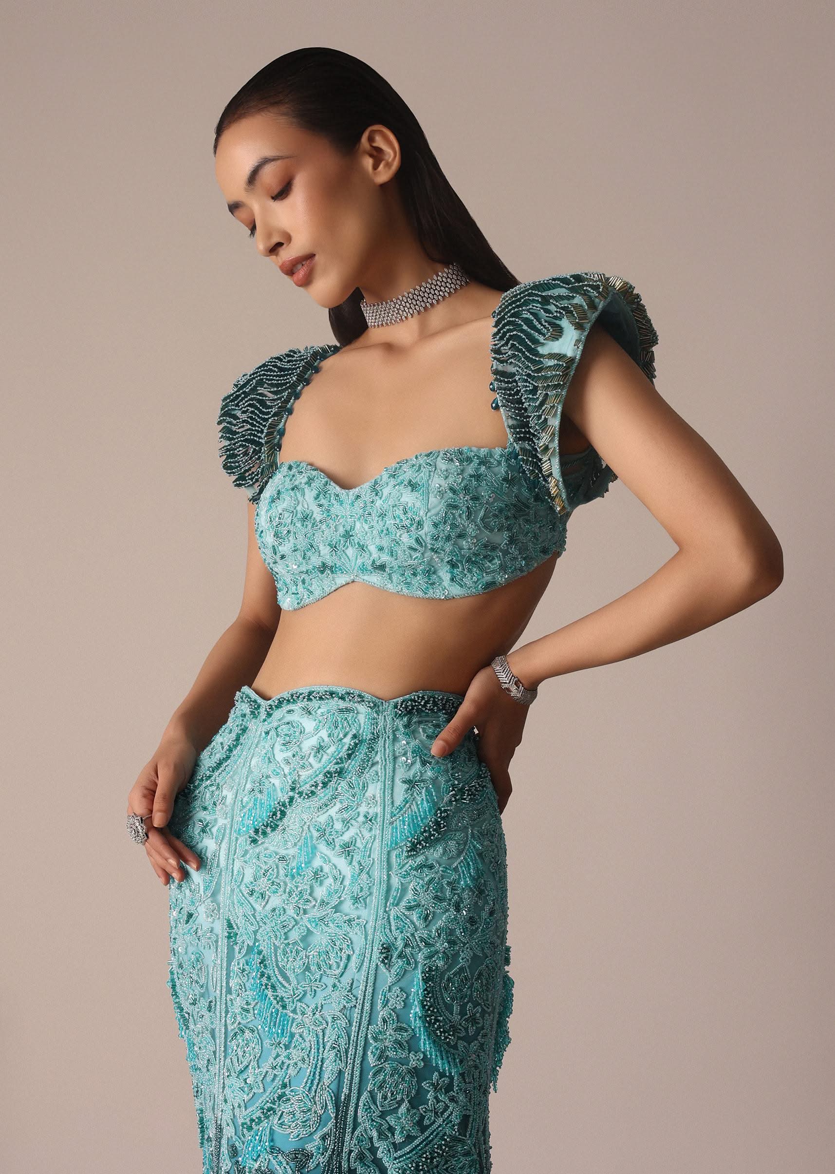 Blue Fish Cut Ombre Trail Skirt And Tassel Embellished Blouse - Image 5