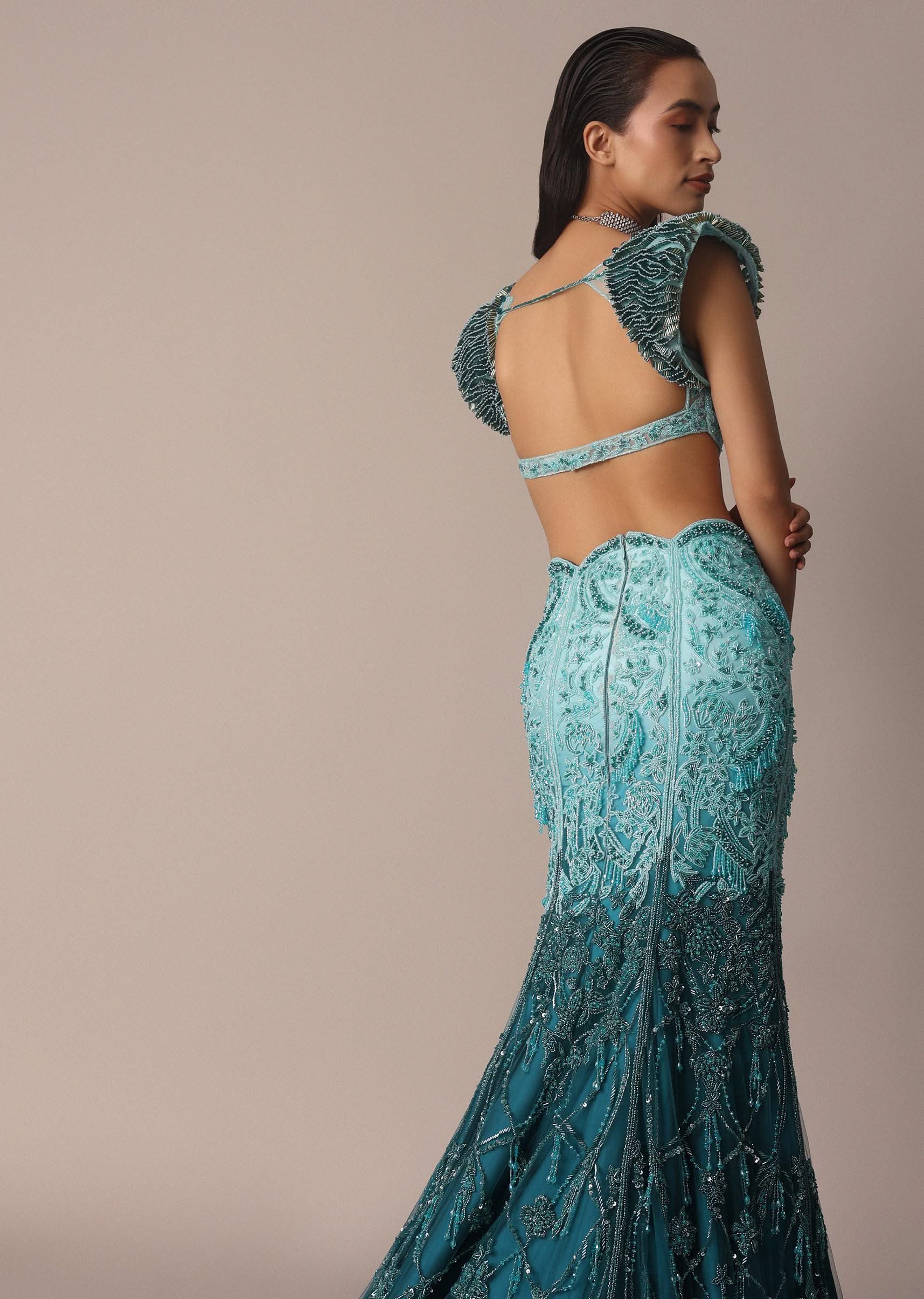 Blue Fish Cut Ombre Trail Skirt And Tassel Embellished Blouse - Image 6