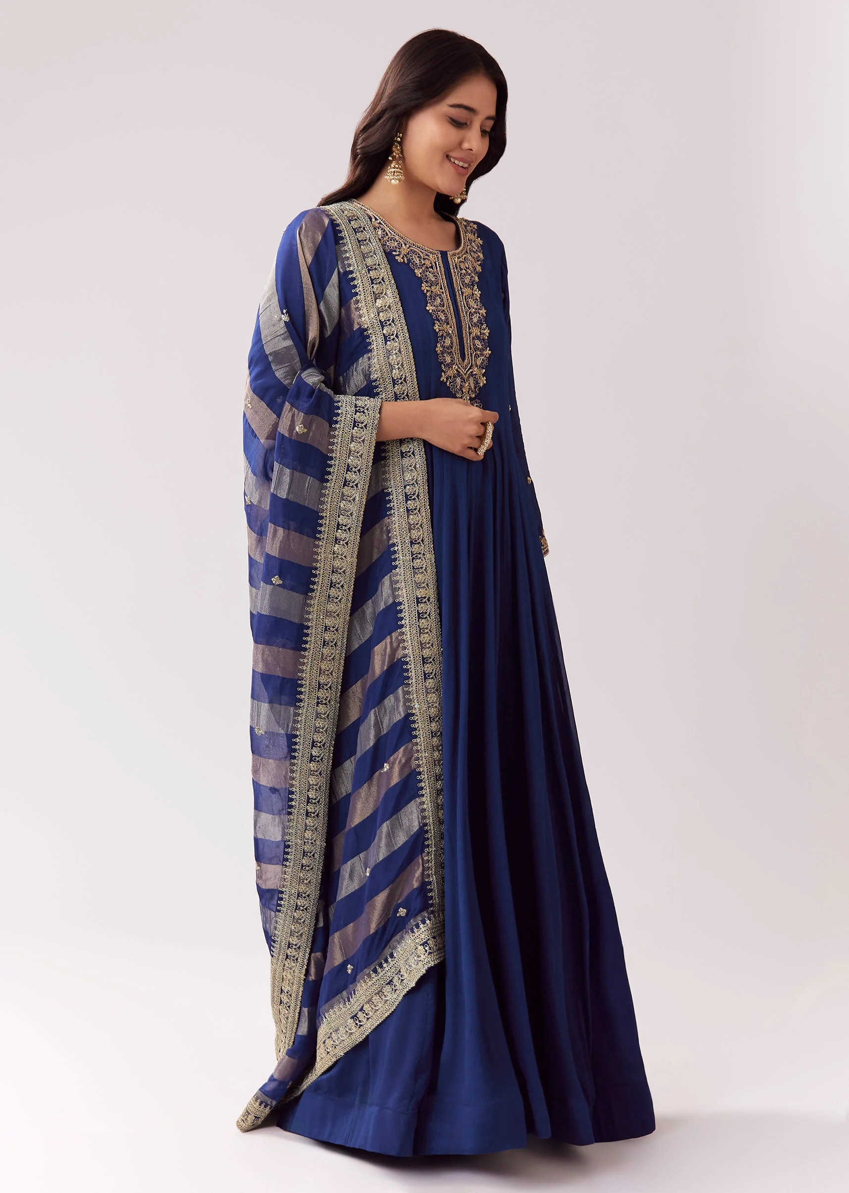 Blue Floor Length Anarkali With Zardozi Sequin Sparkle - Image 3