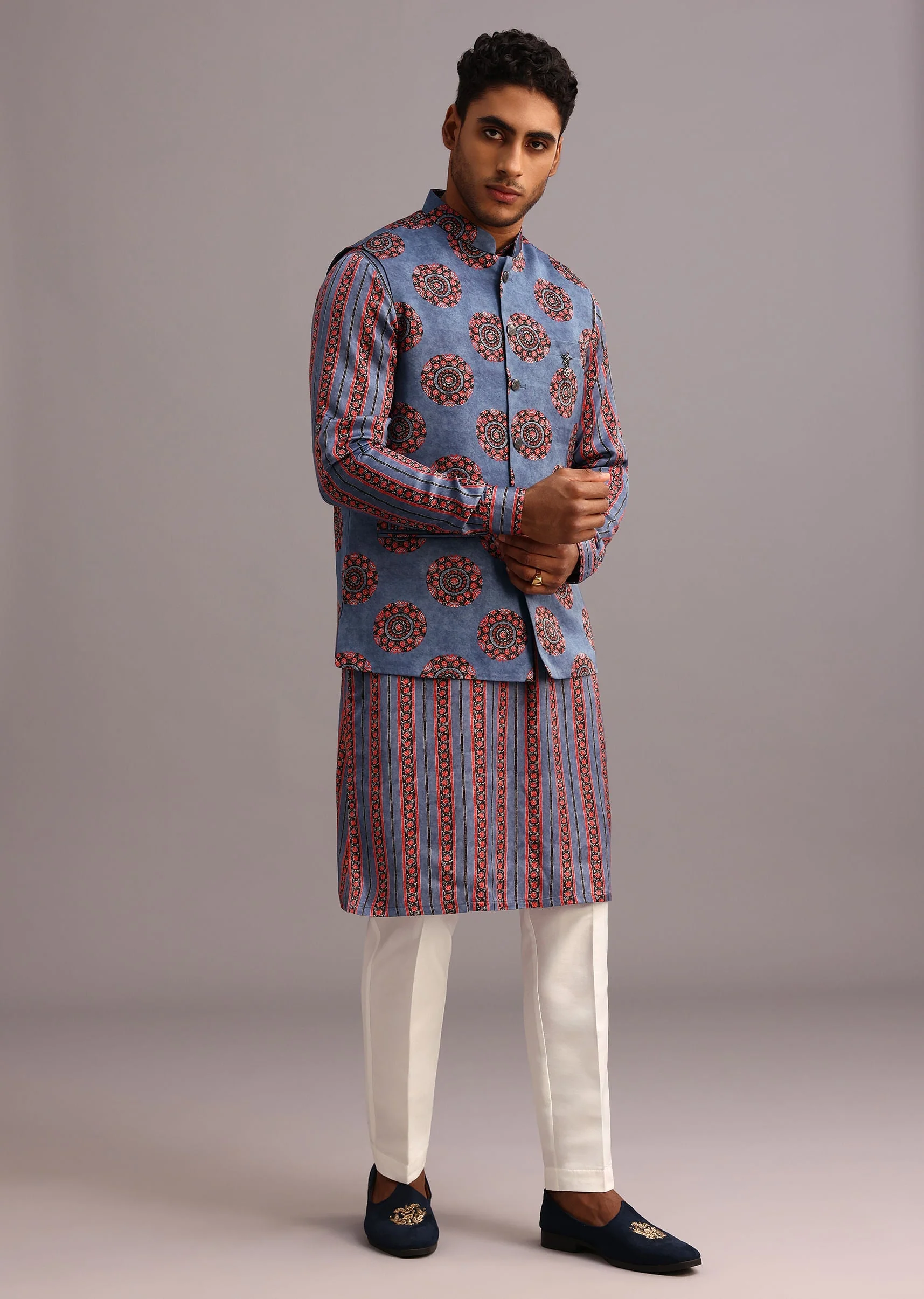 Blue Floral And Stripe Print Jacket Kurta Set In Silk - Image 2