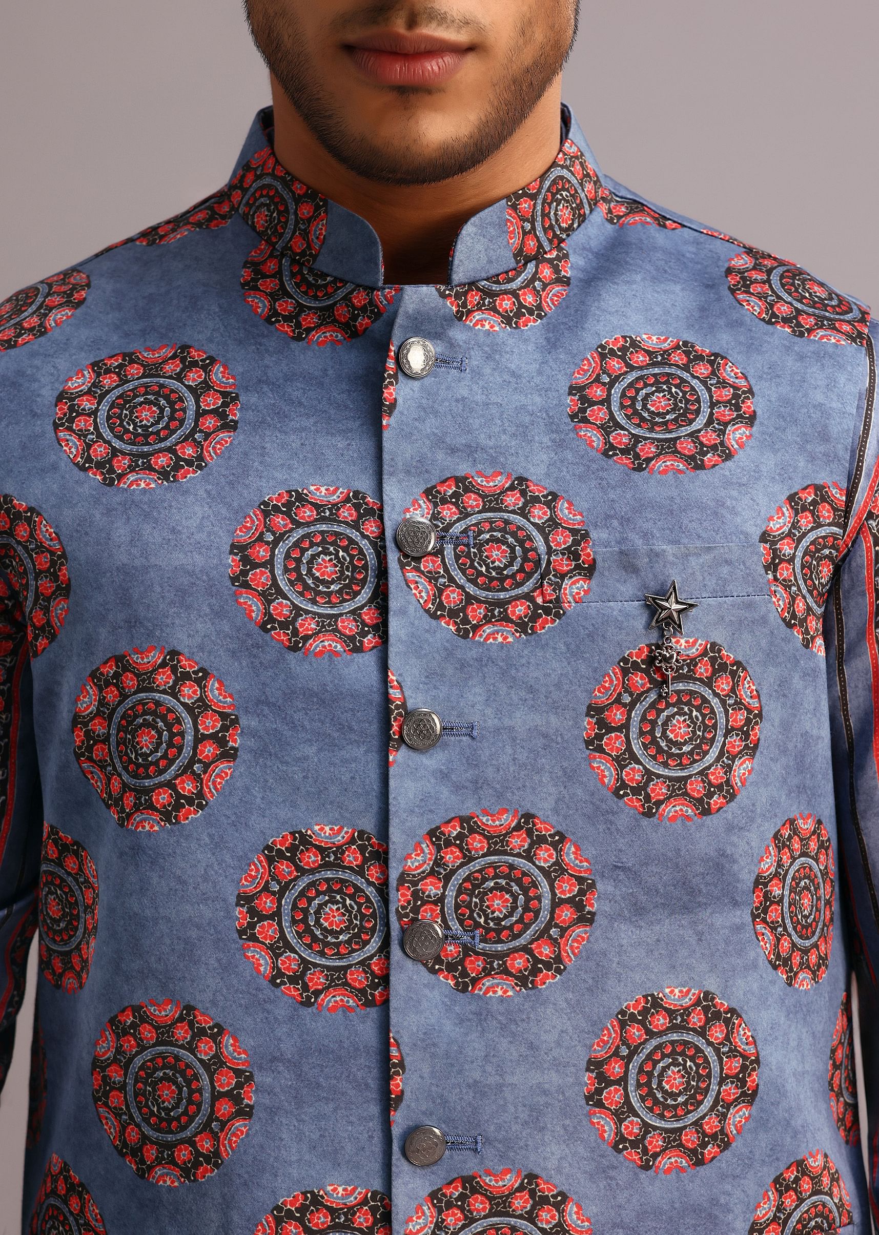 Blue Floral And Stripe Print Jacket Kurta Set In Silk - Image 3