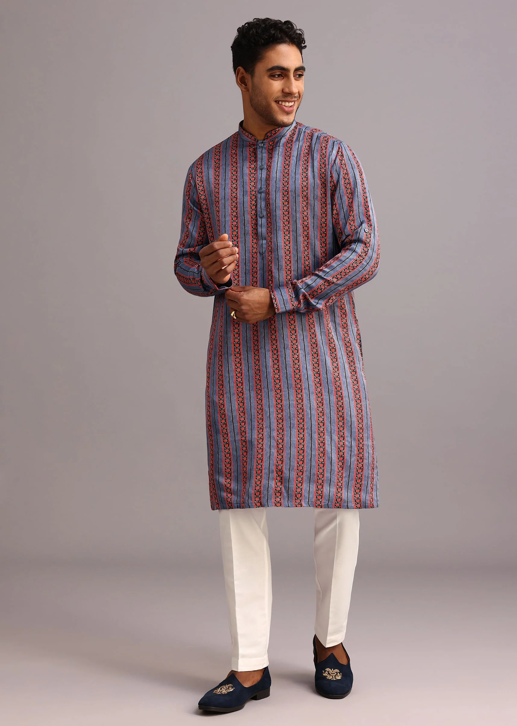 Blue Floral And Stripe Print Jacket Kurta Set In Silk - Image 6