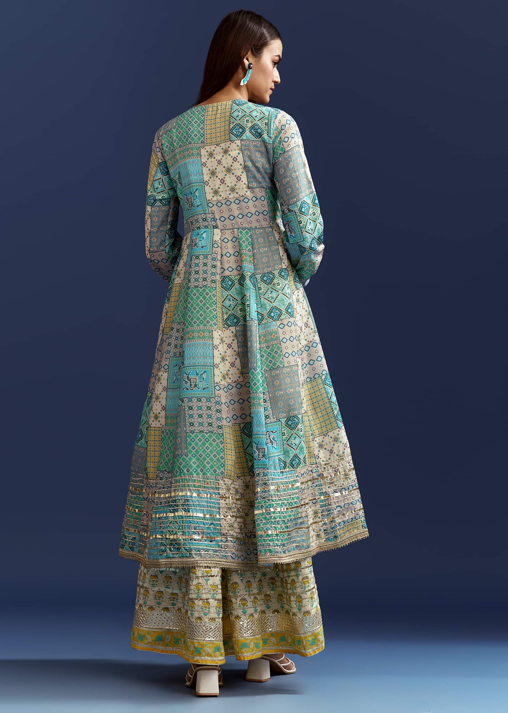 Blue Floral Angrakha Jacket With Gotta Lace Kurta - Image 5