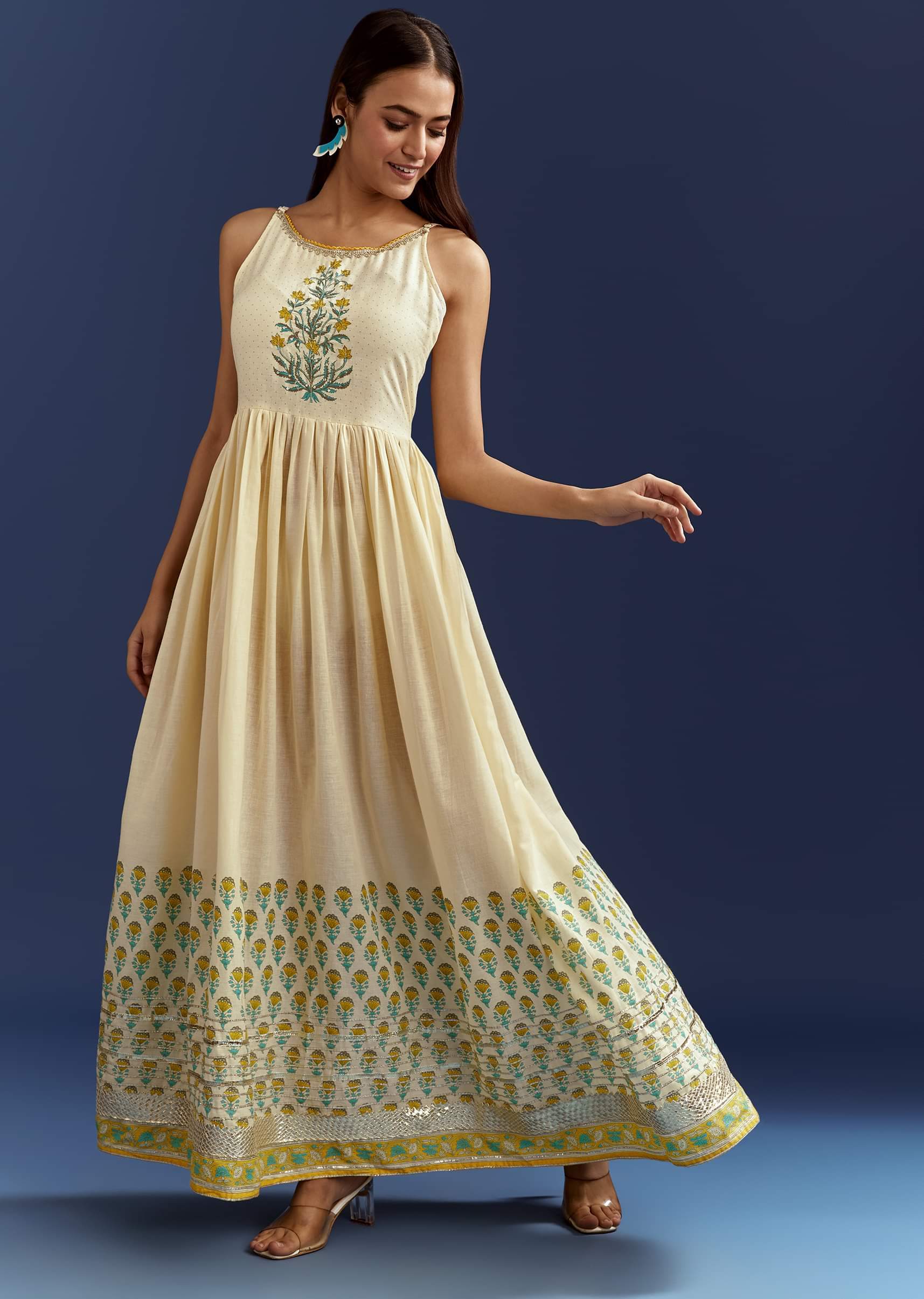 Blue Floral Angrakha Jacket With Gotta Lace Kurta - Image 6