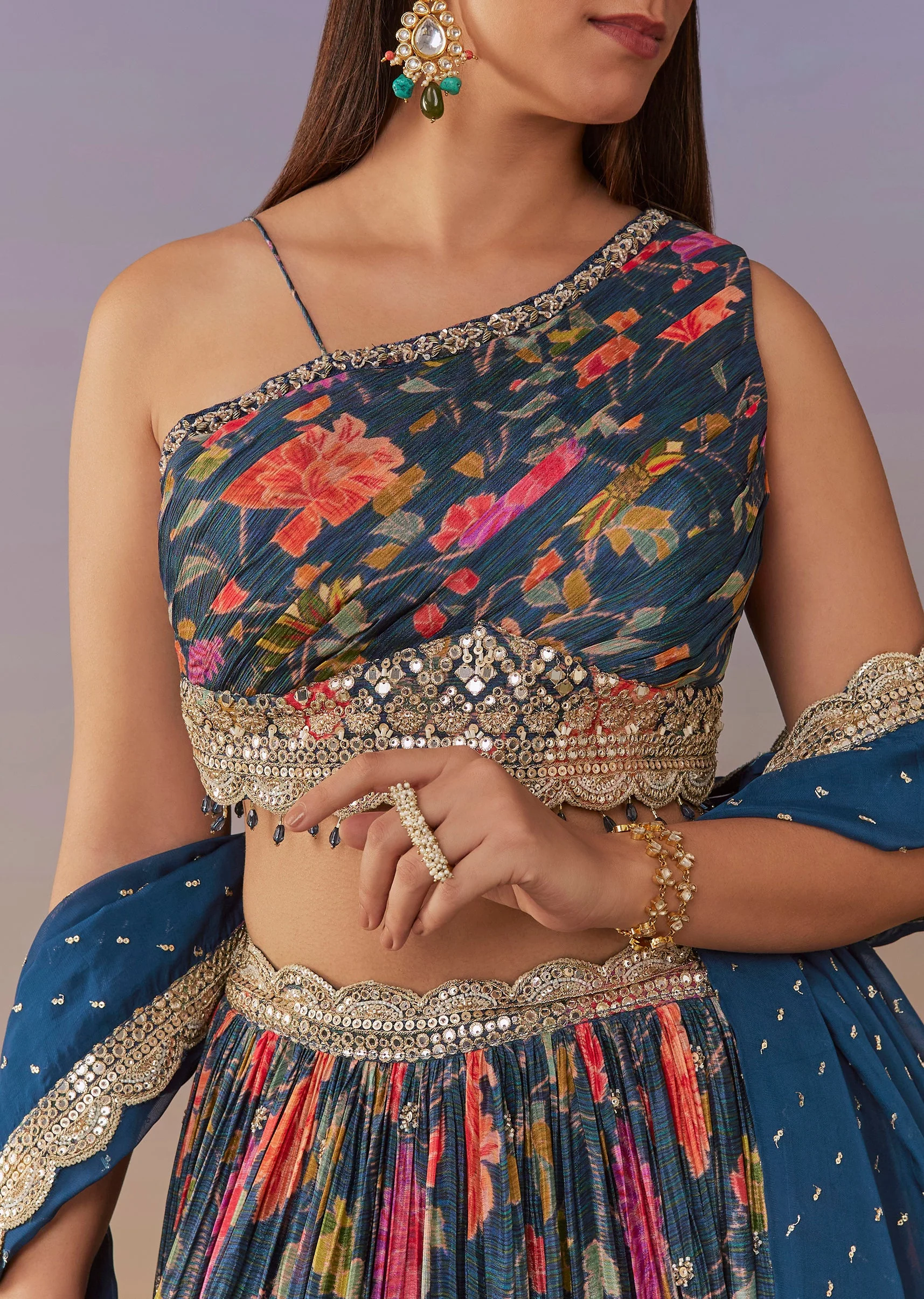 Blue Floral One Shoulder Lehenga Set With Sequin Detailing - Image 3