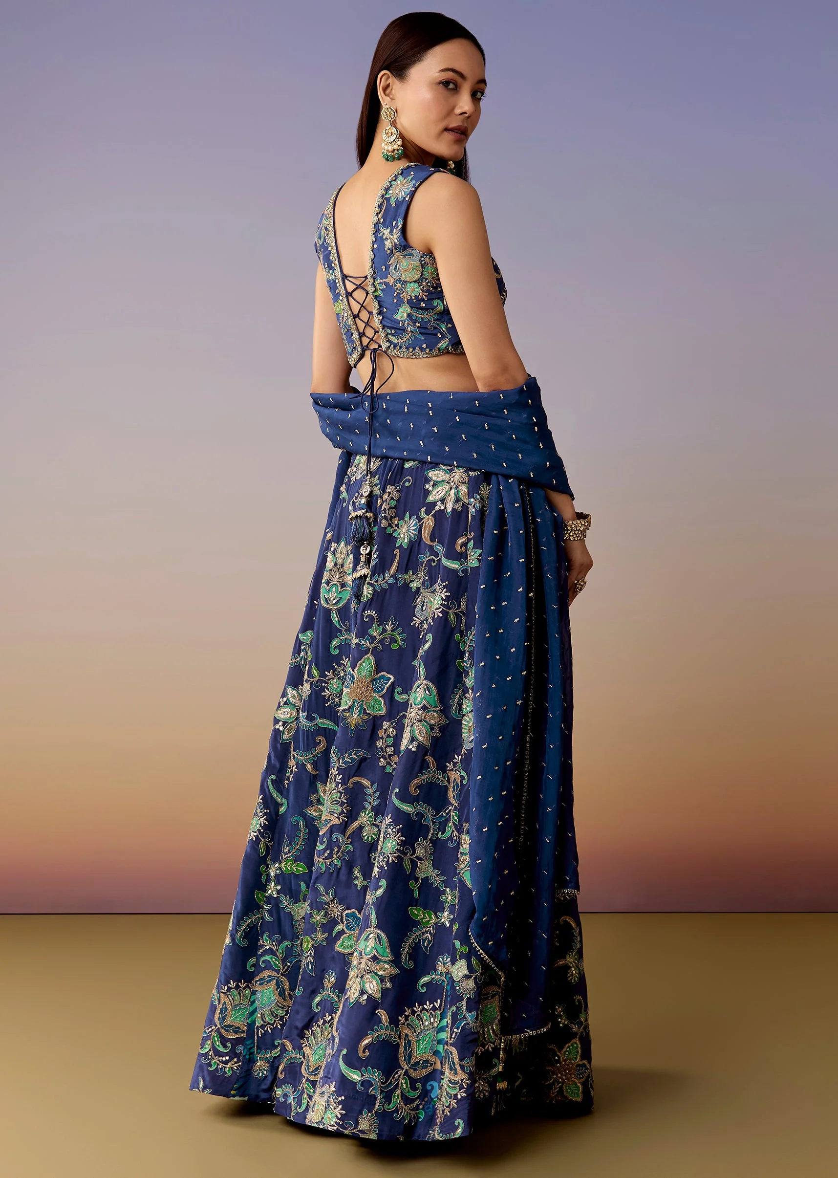 Blue Floral Print Bridesmaid Lehenga Set - Image 2