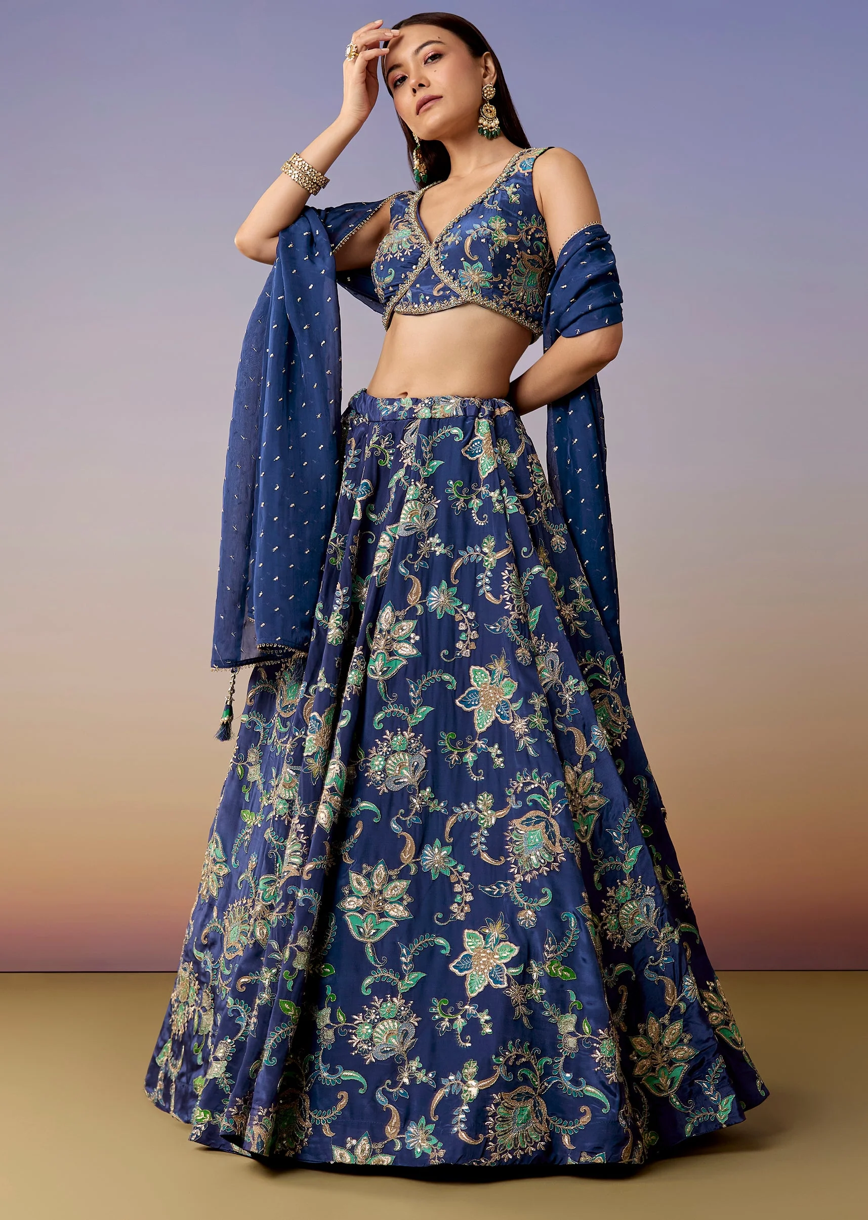 Blue Floral Print Bridesmaid Lehenga Set - Image 4