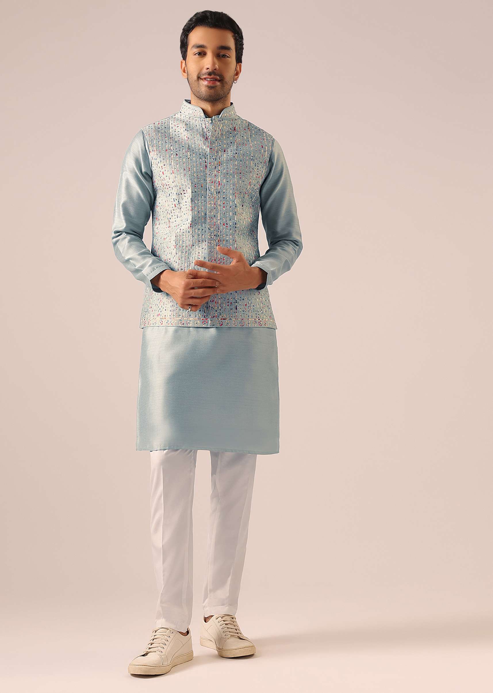 Blue Fusion Jacket Kurta Set with Cutwork - Image 2