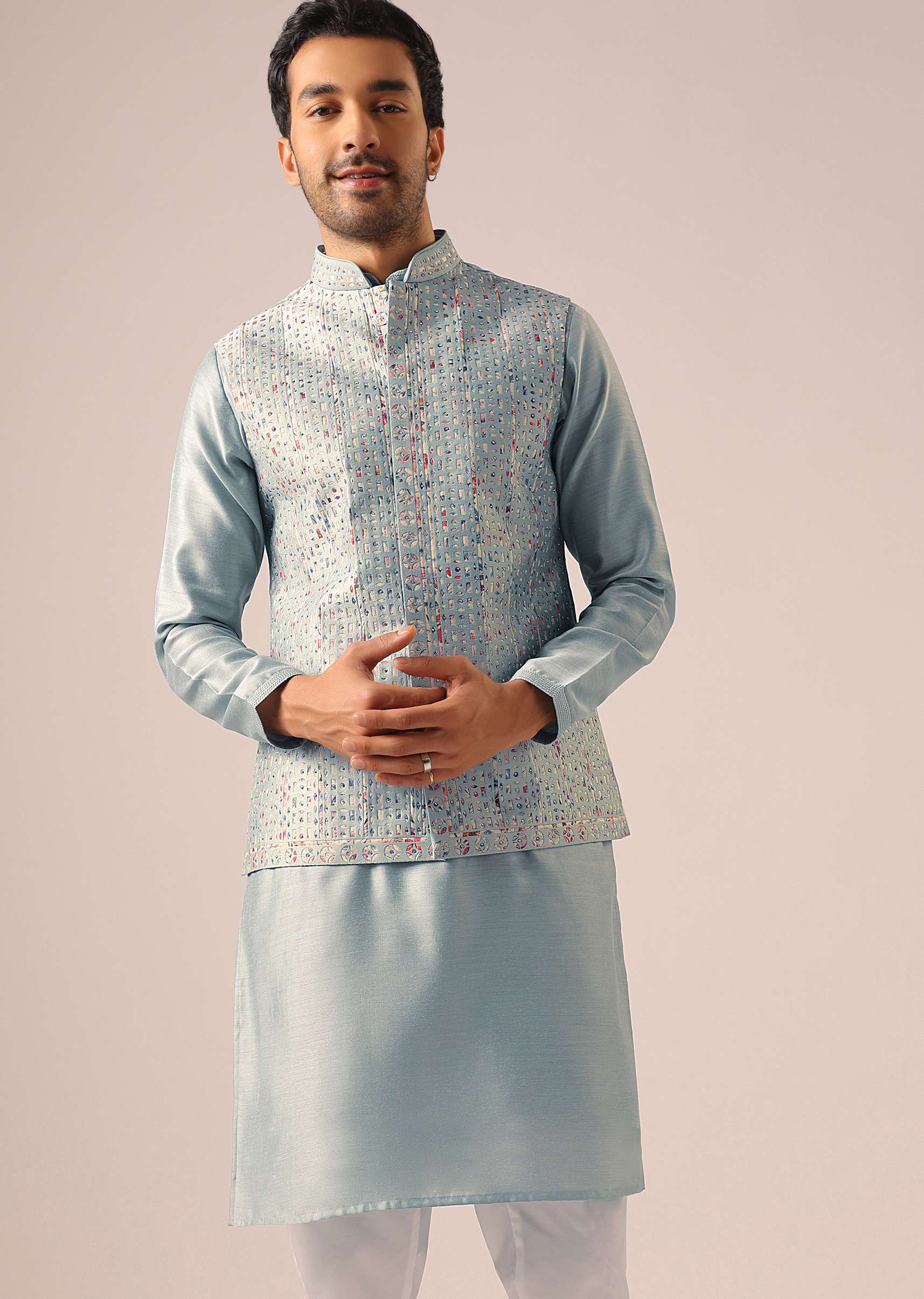 Blue Fusion Jacket Kurta Set with Cutwork - Image 3