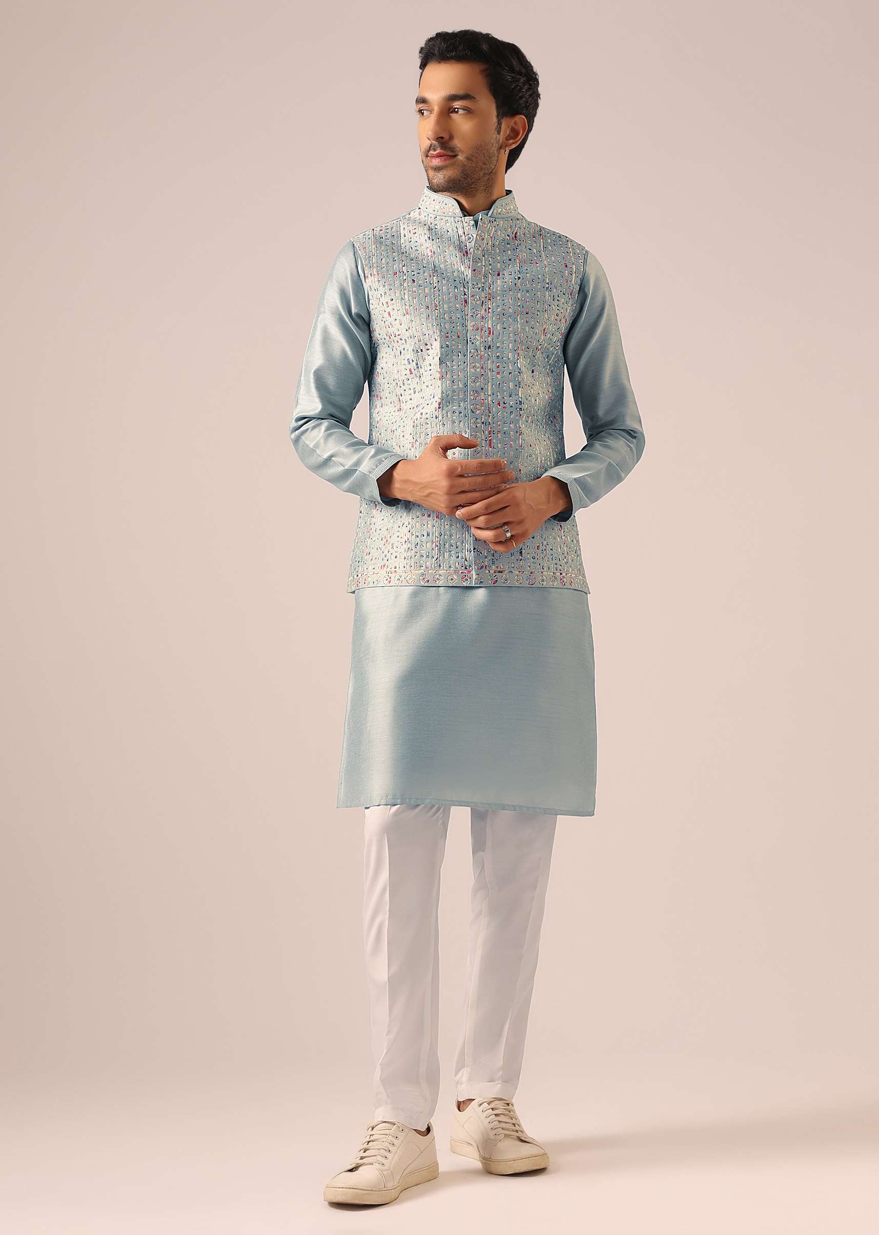 Blue Fusion Jacket Kurta Set with Cutwork - Image 4