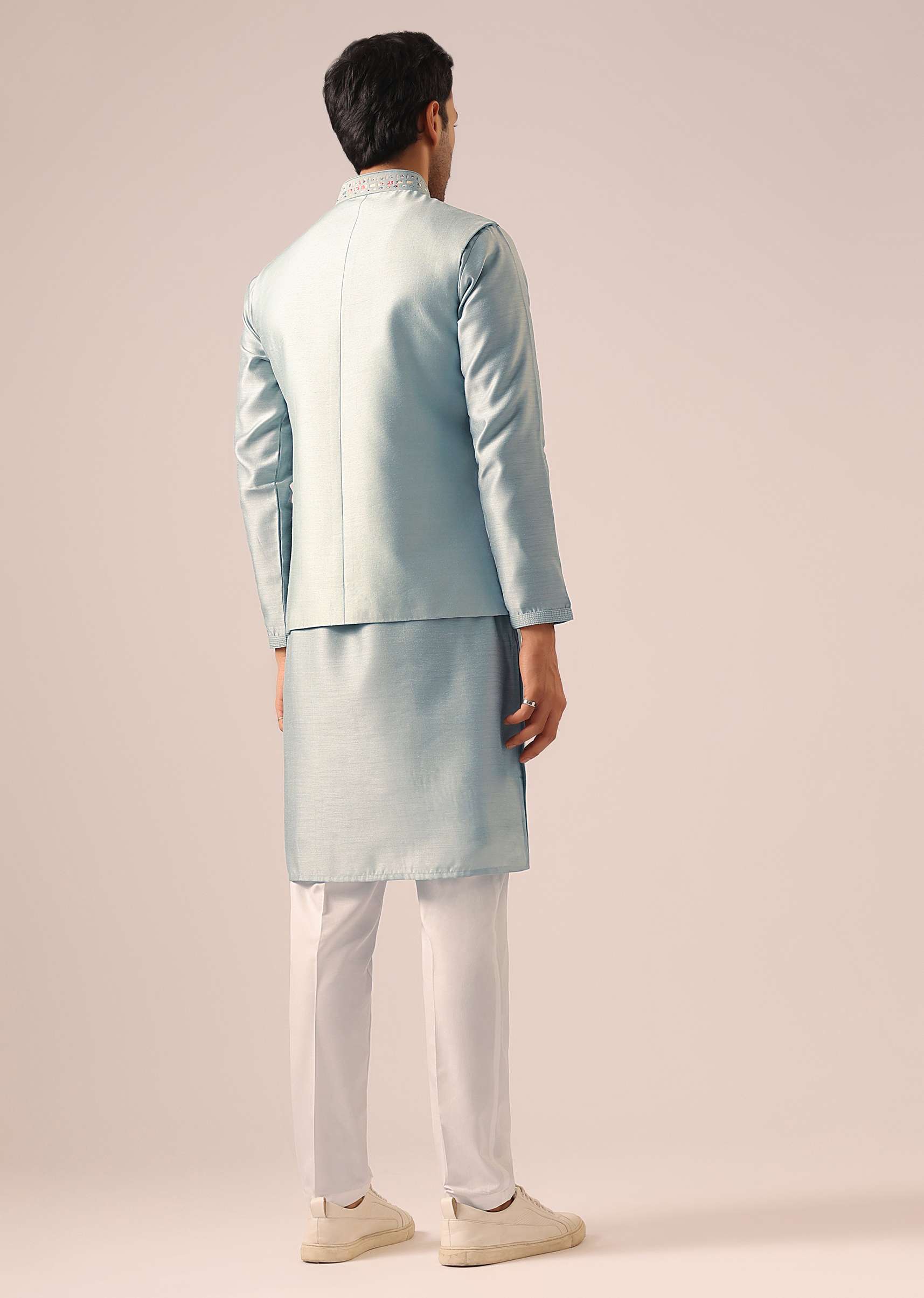 Blue Fusion Jacket Kurta Set with Cutwork - Image 5