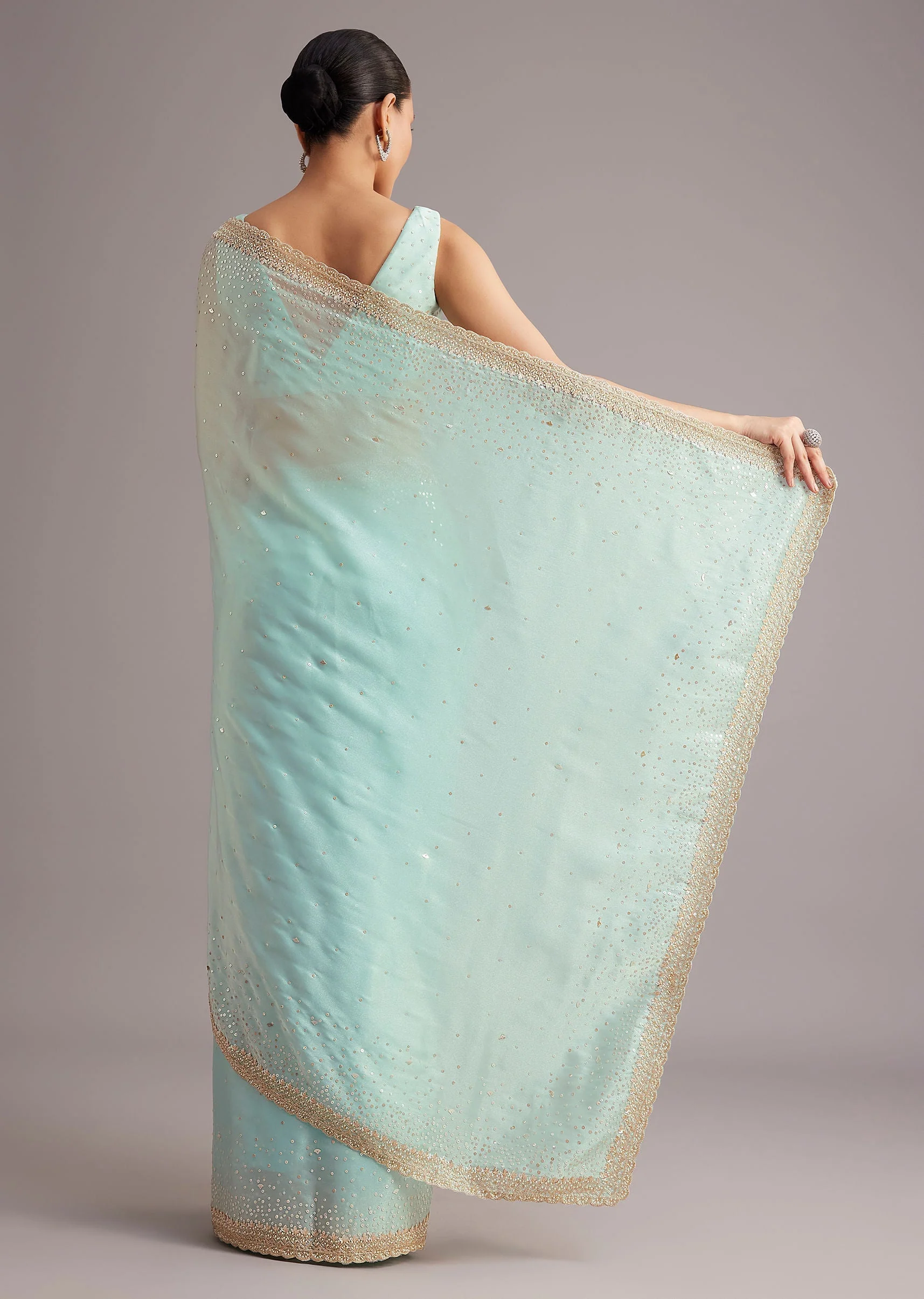 Blue Glass Tissue Saree With Cutdana Sequin And Beaded Embroidery - Image 4