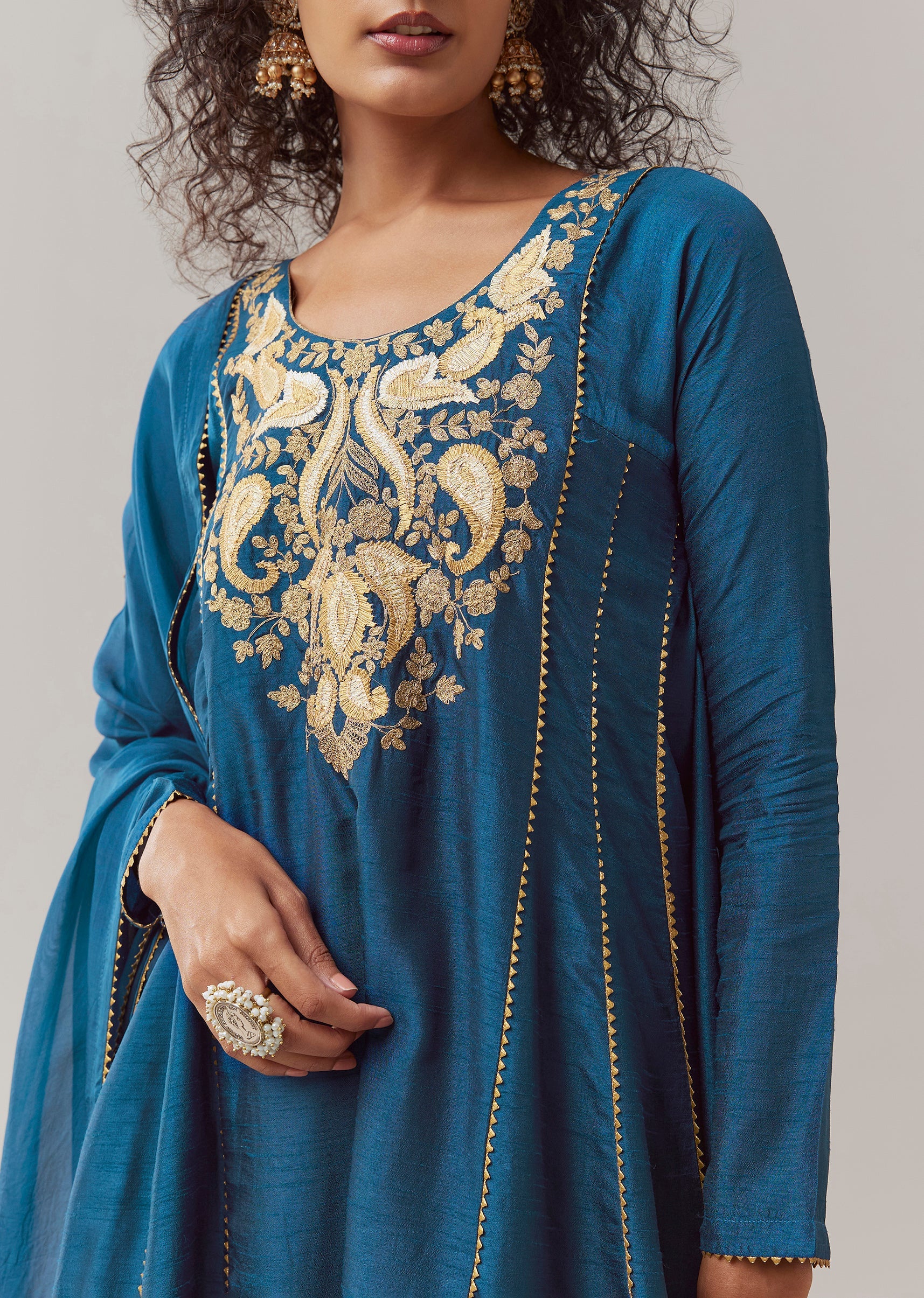 Blue Gota Work Silk Anarkali Set - Image 2