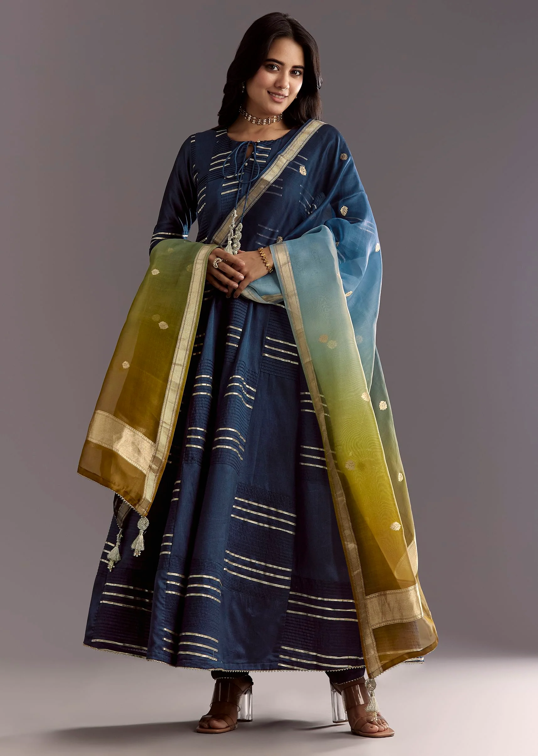 Blue Gotta Work Anarkali Suit With Ombre Organza Dupatta - Image 3