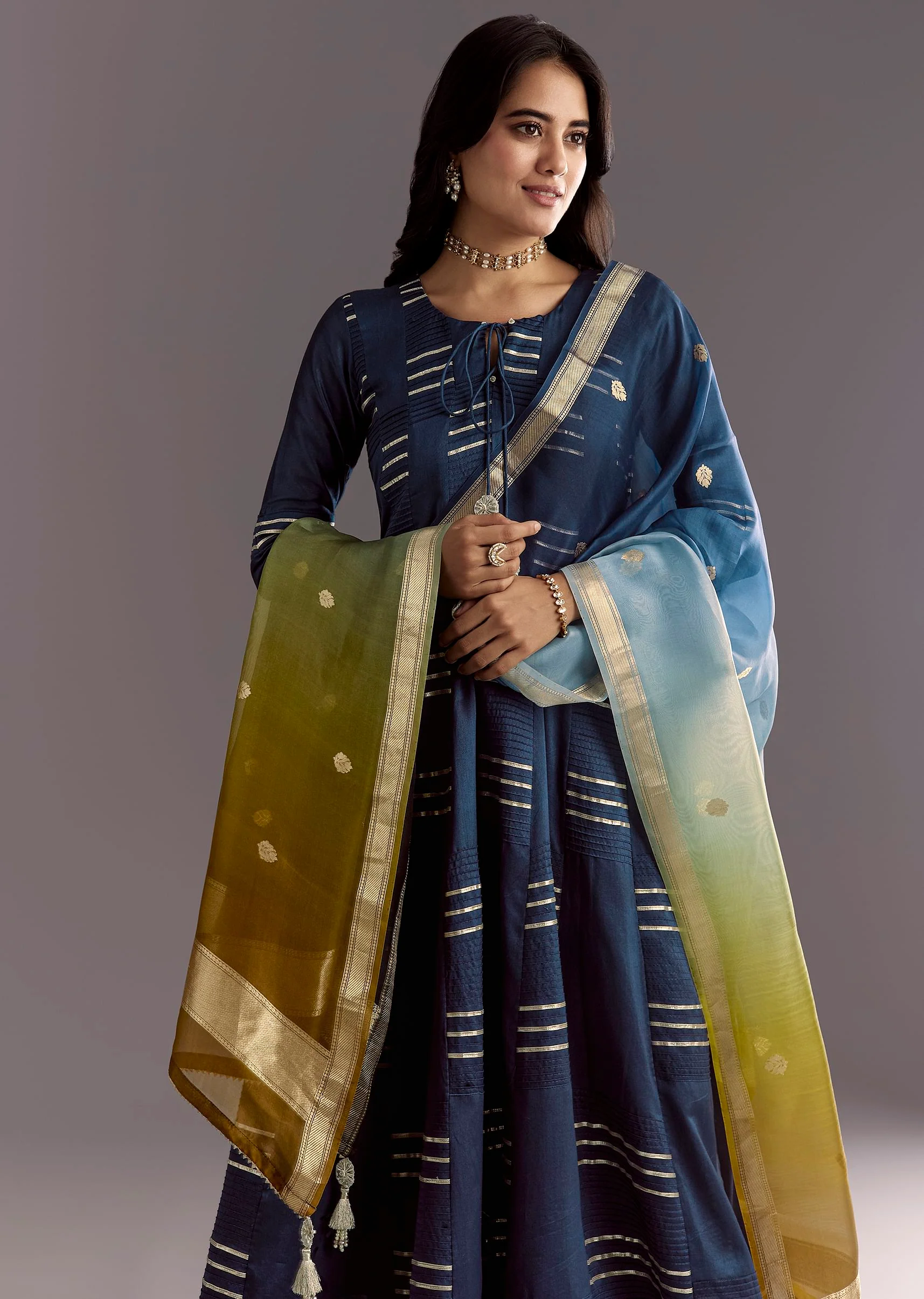 Blue Gotta Work Anarkali Suit With Ombre Organza Dupatta - Image 4