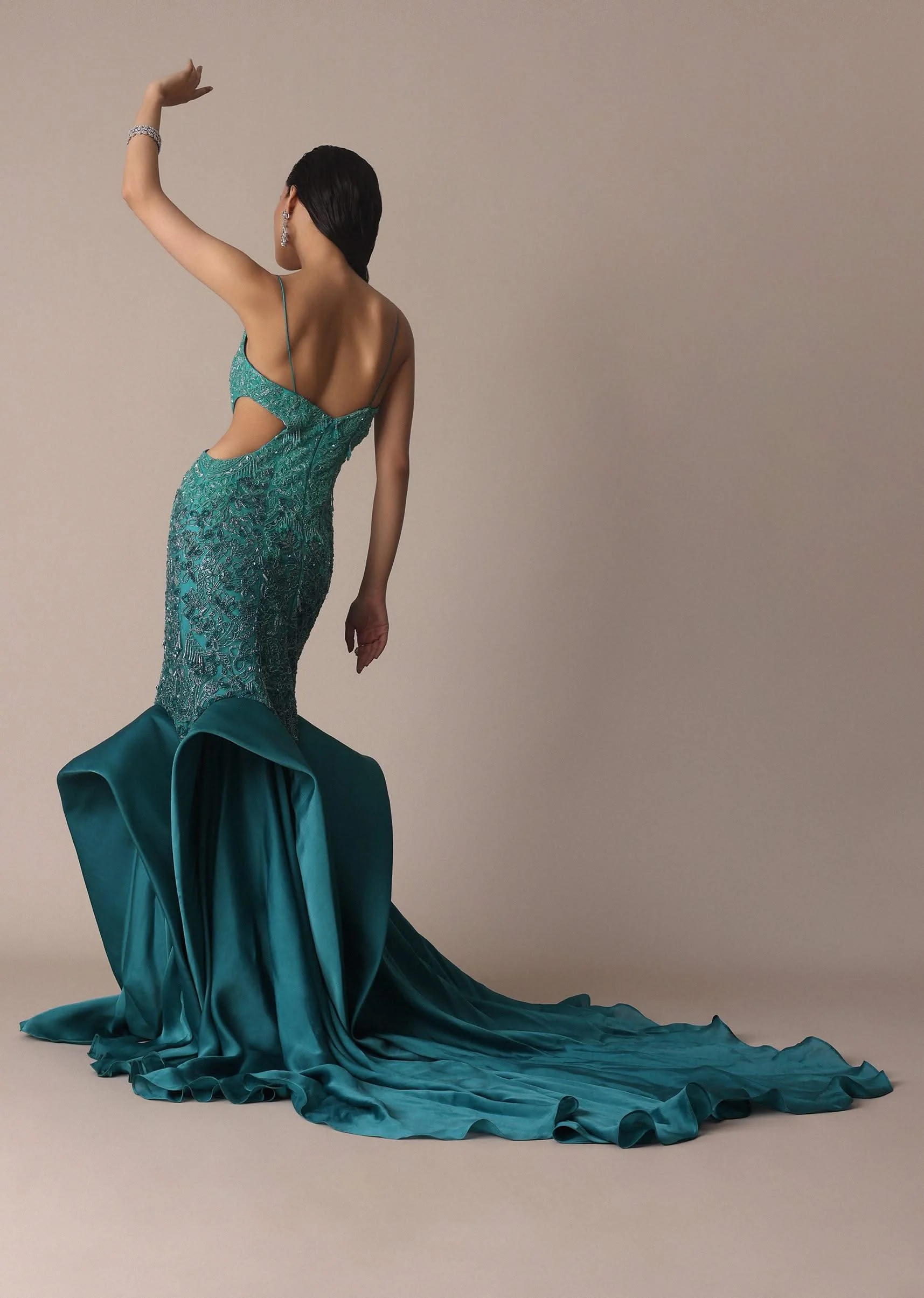 Green Blue Ombre Zardosi Fishcut Draped Gown - Image 4