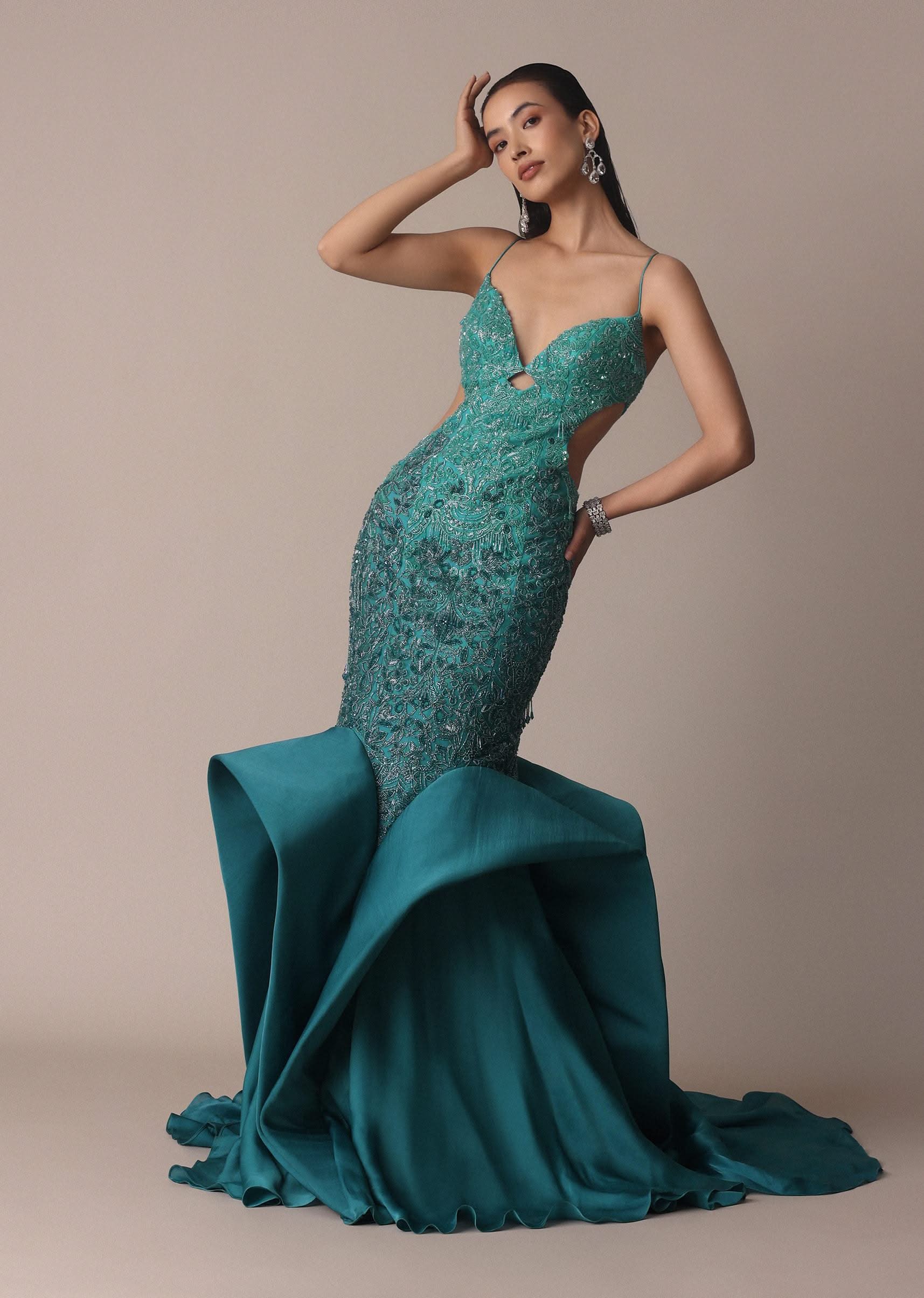 Green Blue Ombre Zardosi Fishcut Draped Gown - Image 8