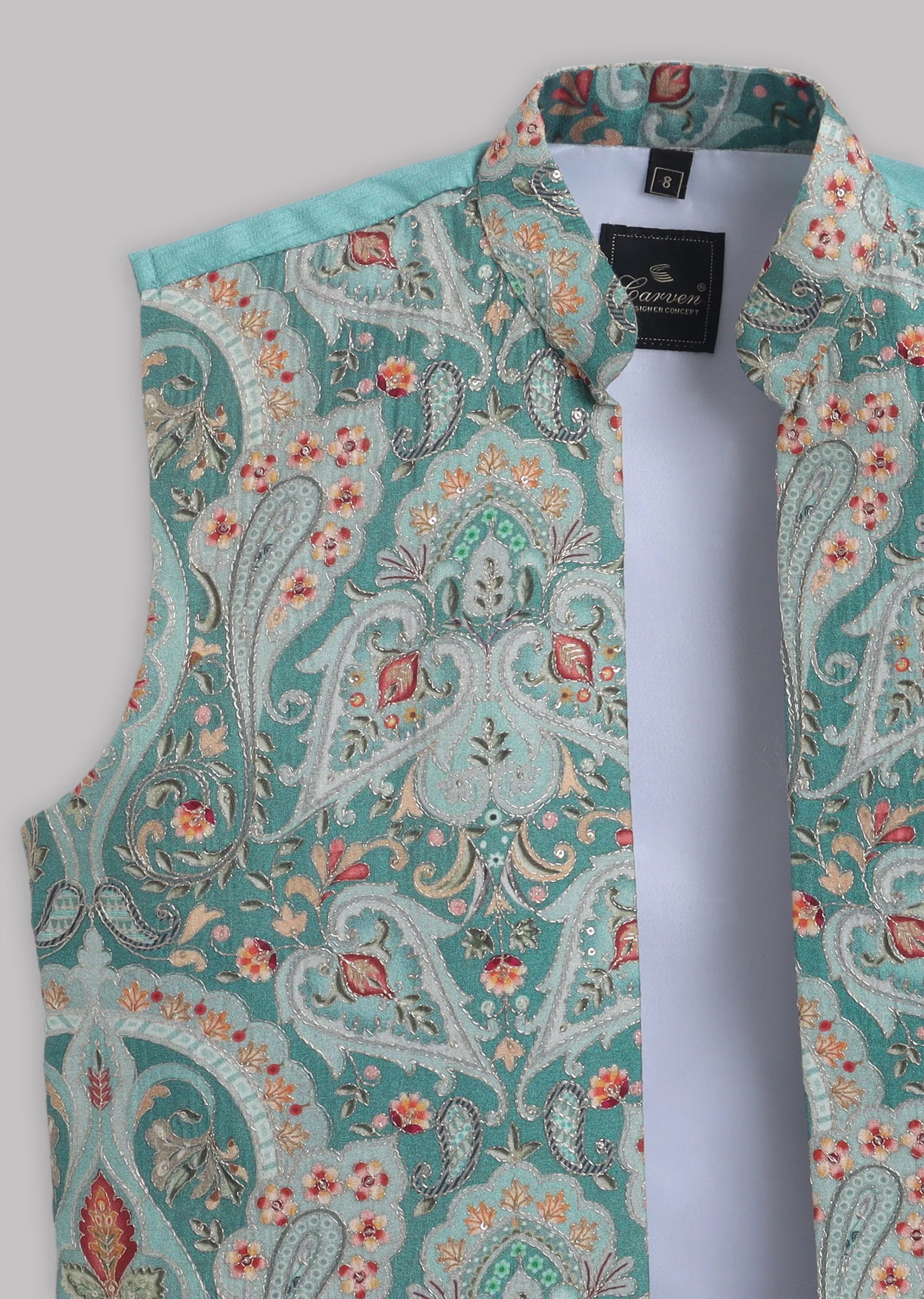 Blue Grey Floral Nehru Jacket Set - Image 8