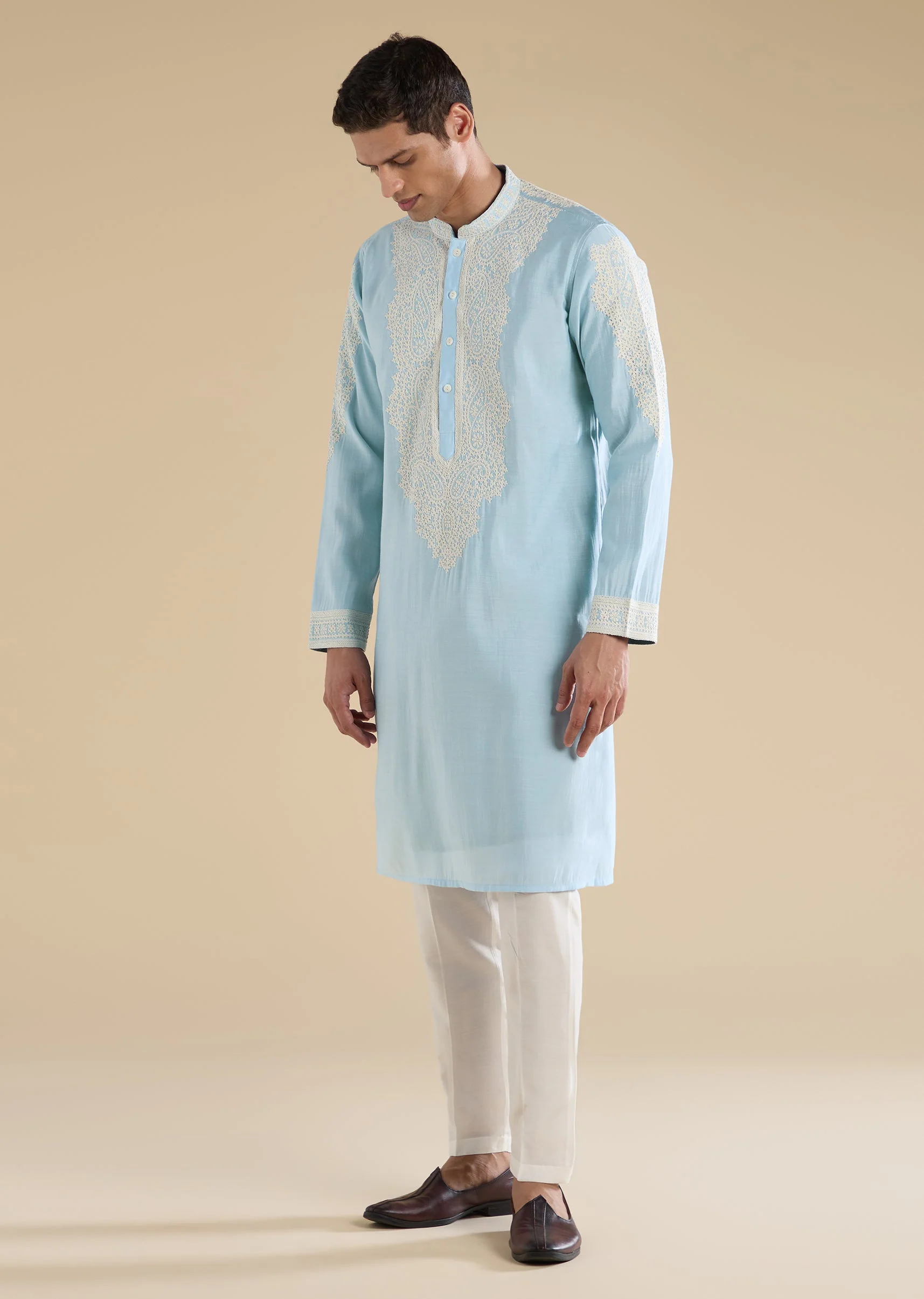 Blue Gujarati Handwork Chanderi Kurta Set - Image 2