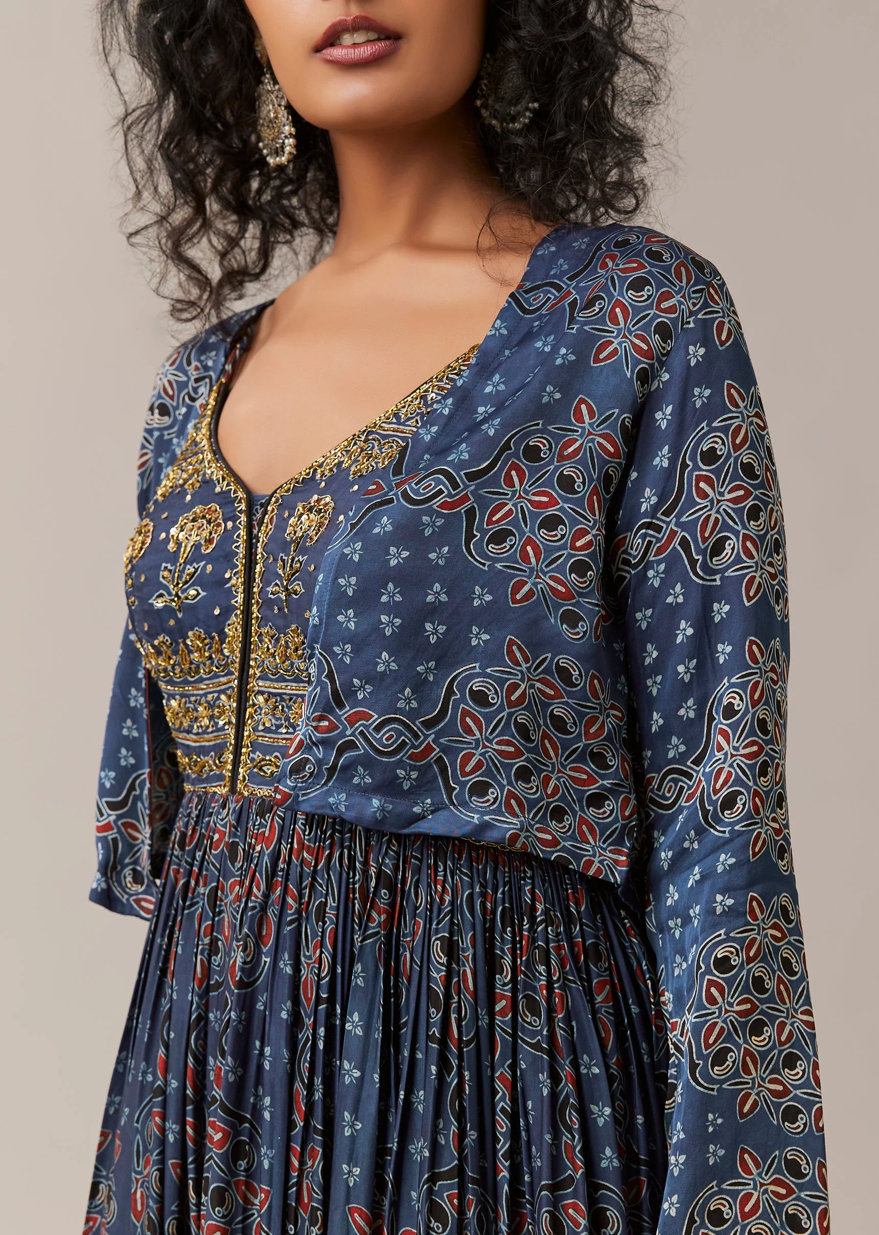 Blue Hand Dyed Ajrakh Jacket and Gown Set - Image 4