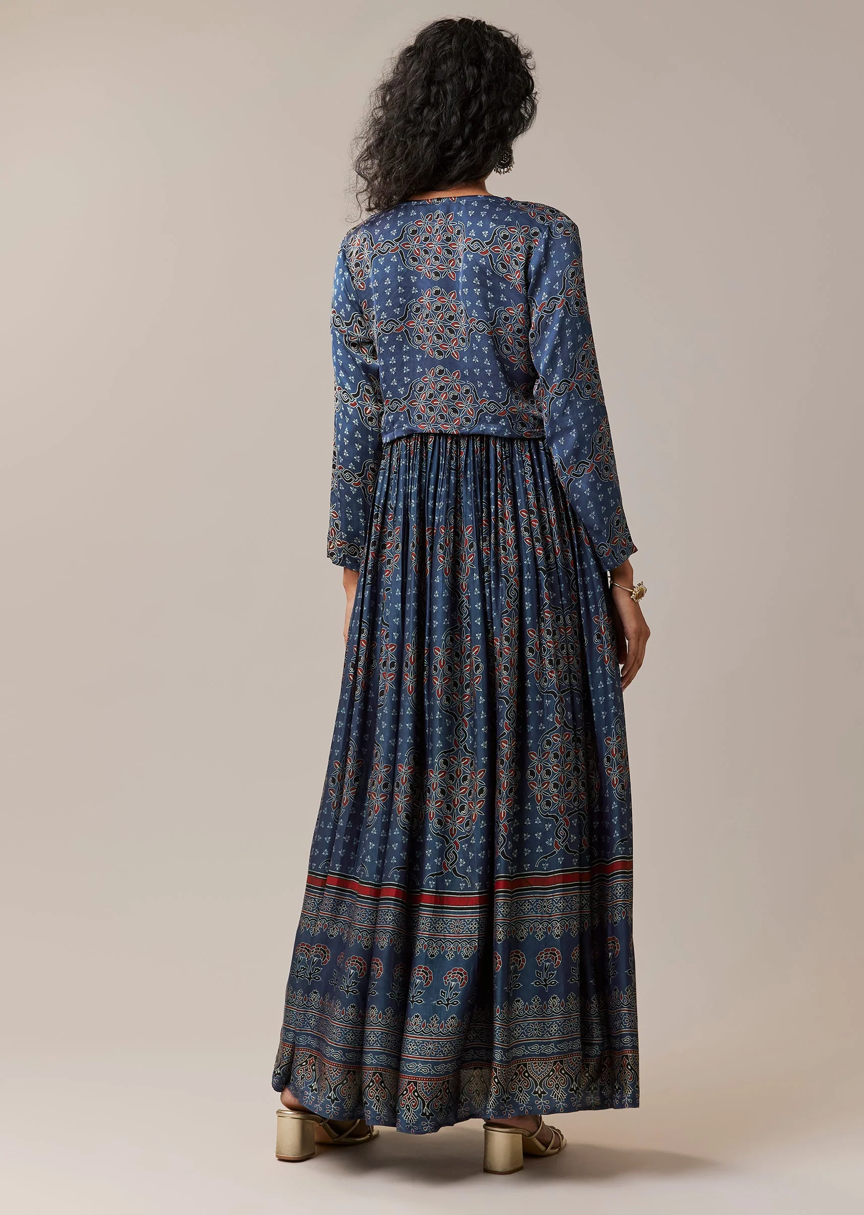 Blue Hand Dyed Ajrakh Jacket and Gown Set - Image 5