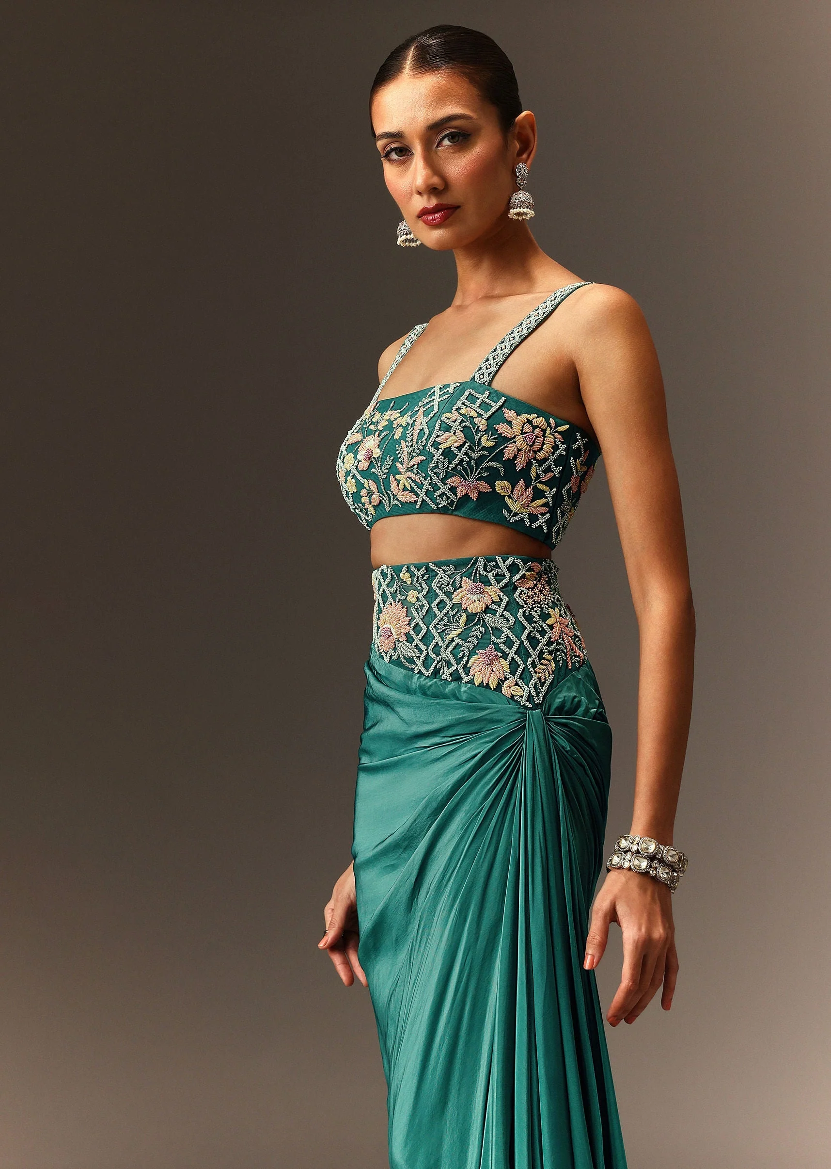 Hand Embroidered Blouse And Drape Skirt With Cape - Image 4