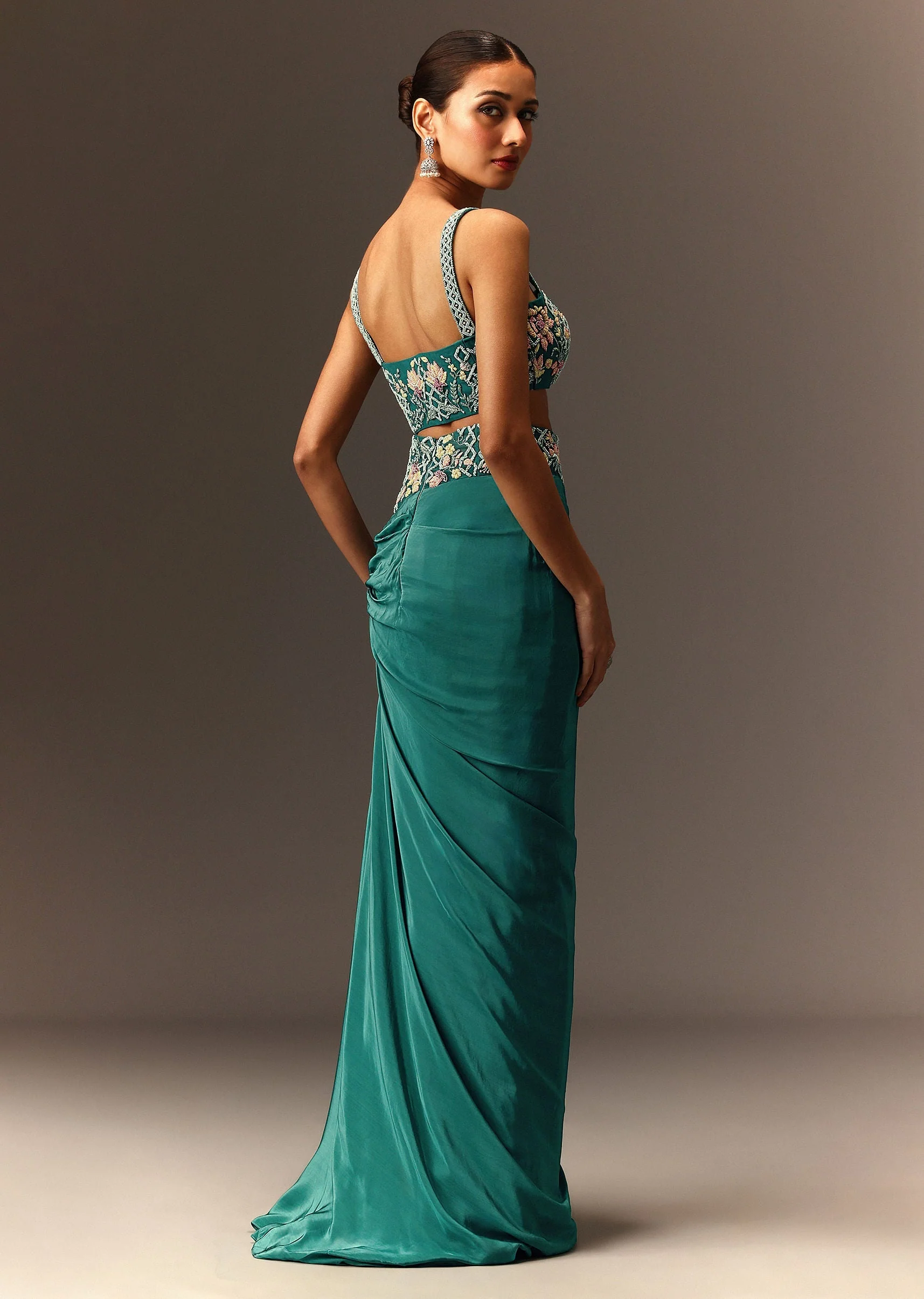 Hand Embroidered Blouse And Drape Skirt With Cape - Image 8