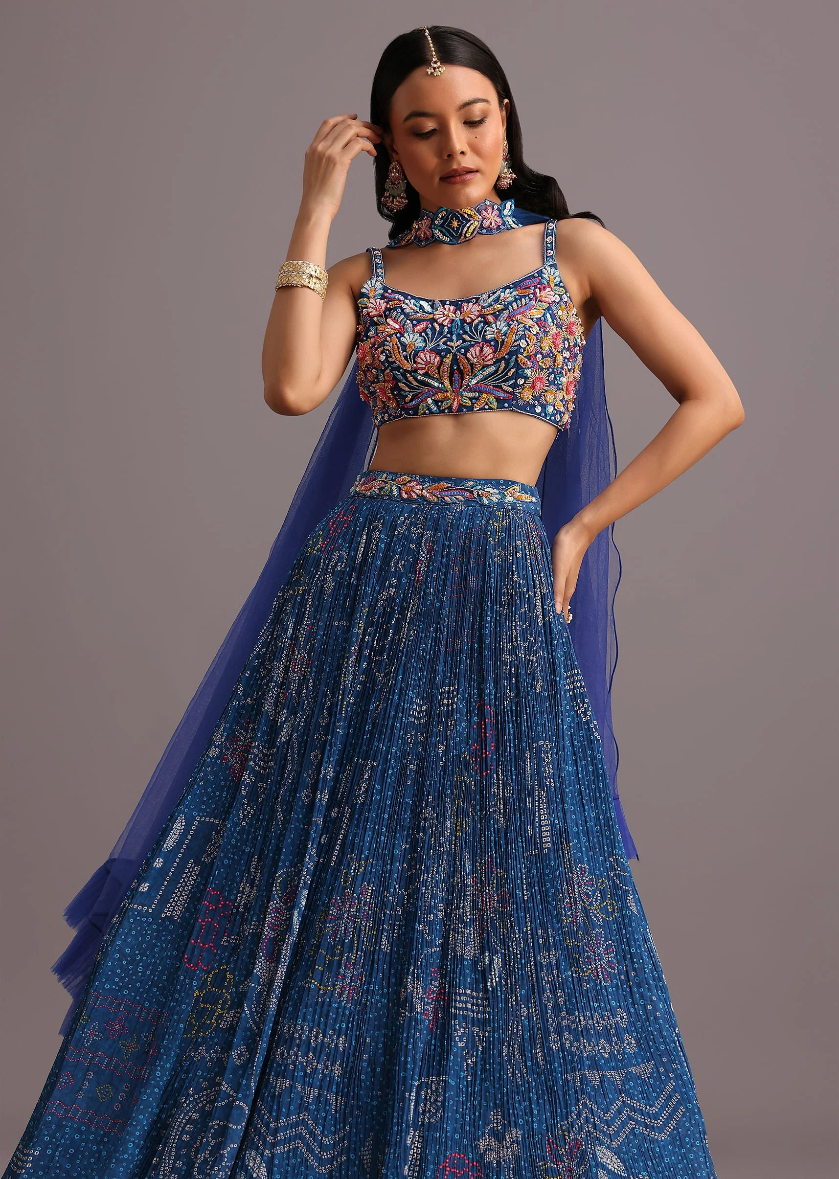 Blue Hand Embroidered Choli With Bandhani Print Lehenga And Choker Net Dupatta - Image 4