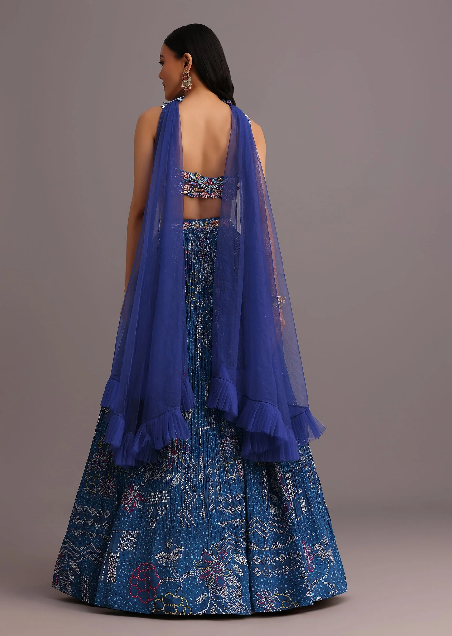 Blue Hand Embroidered Choli With Bandhani Print Lehenga And Choker Net Dupatta - Image 5