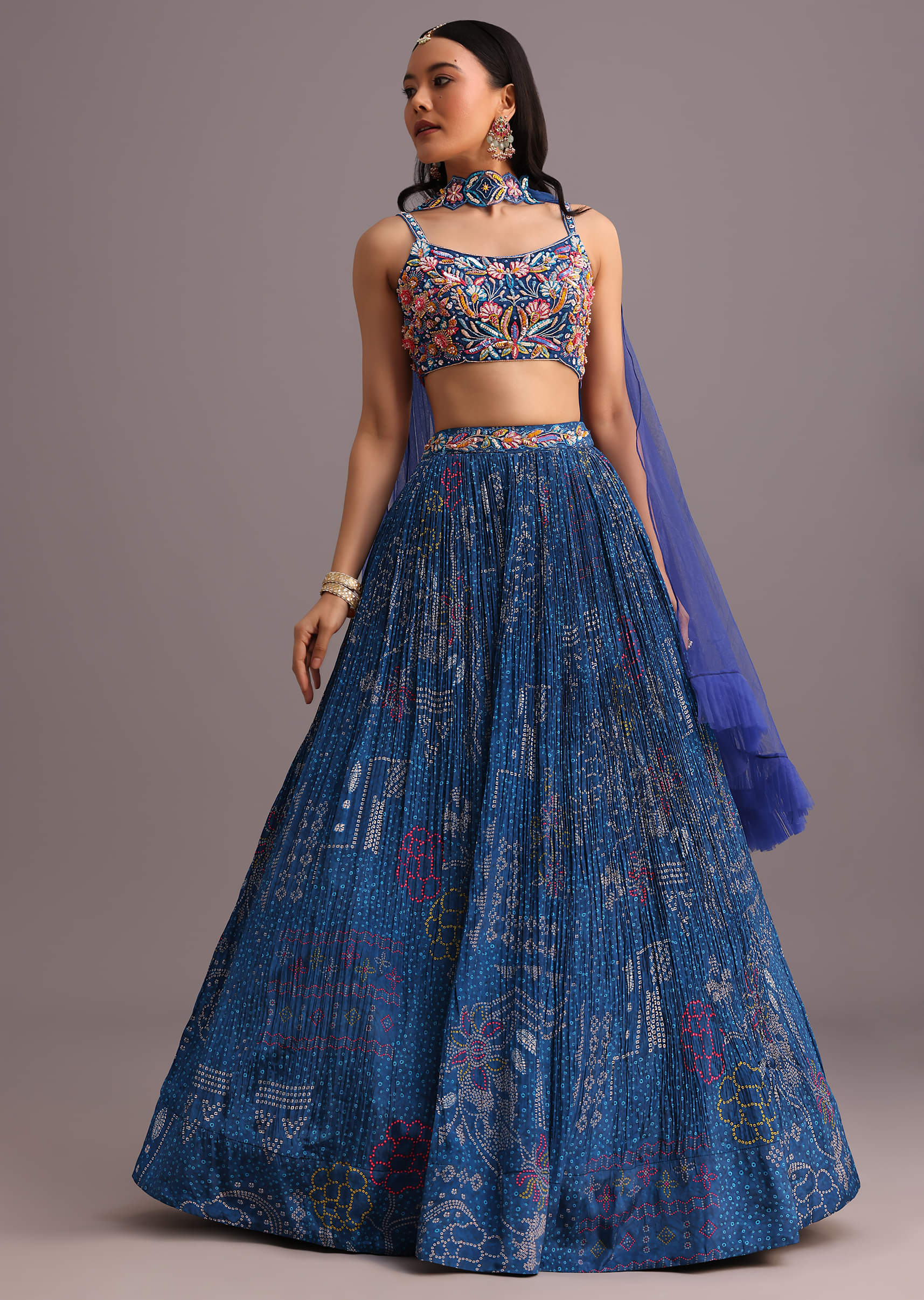Blue Hand Embroidered Choli With Bandhani Print Lehenga And Choker Net Dupatta - Image 6