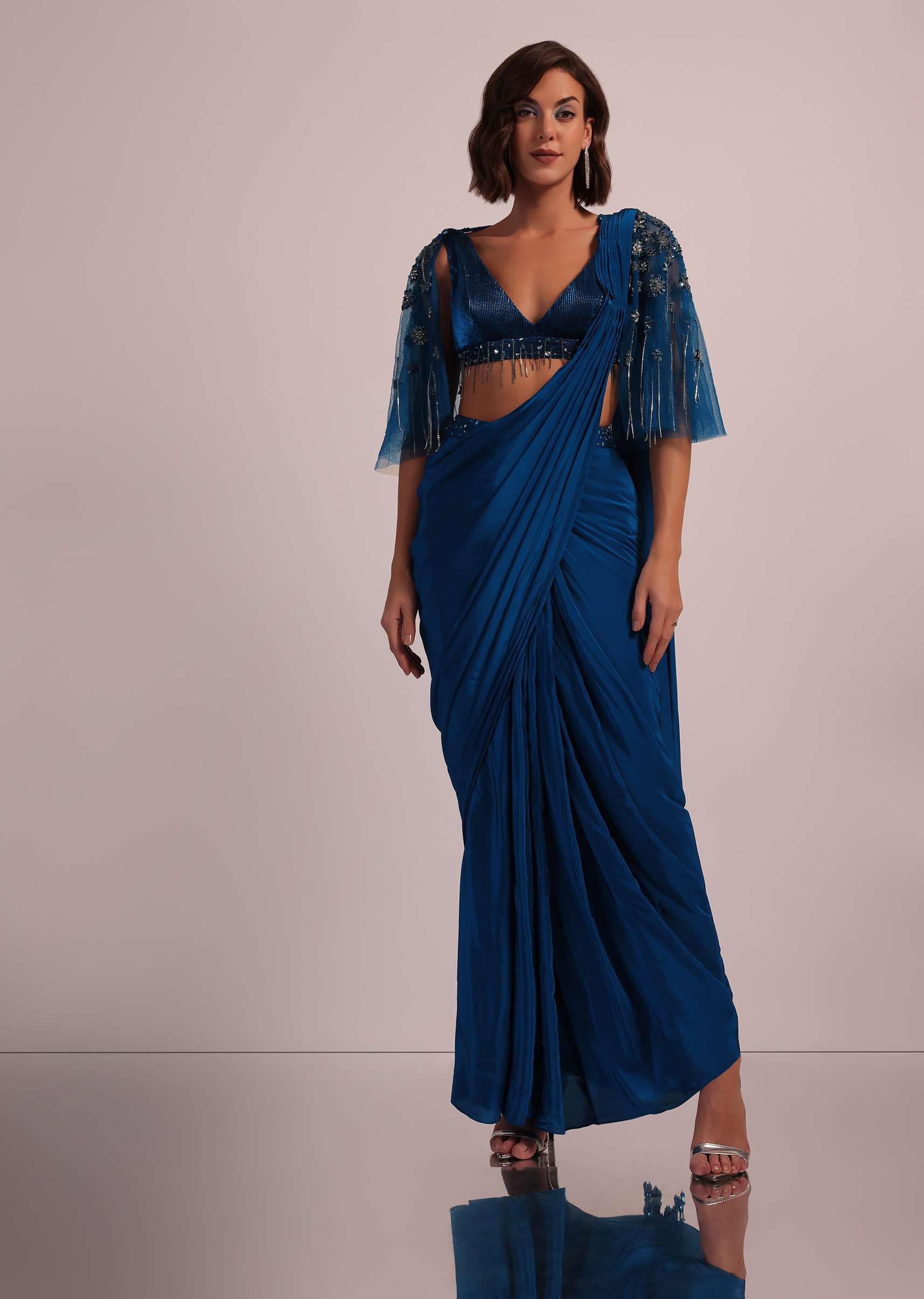 Blue Hand Embroidered Ready Pleated Saree And Blouse In Crepe - Image 16